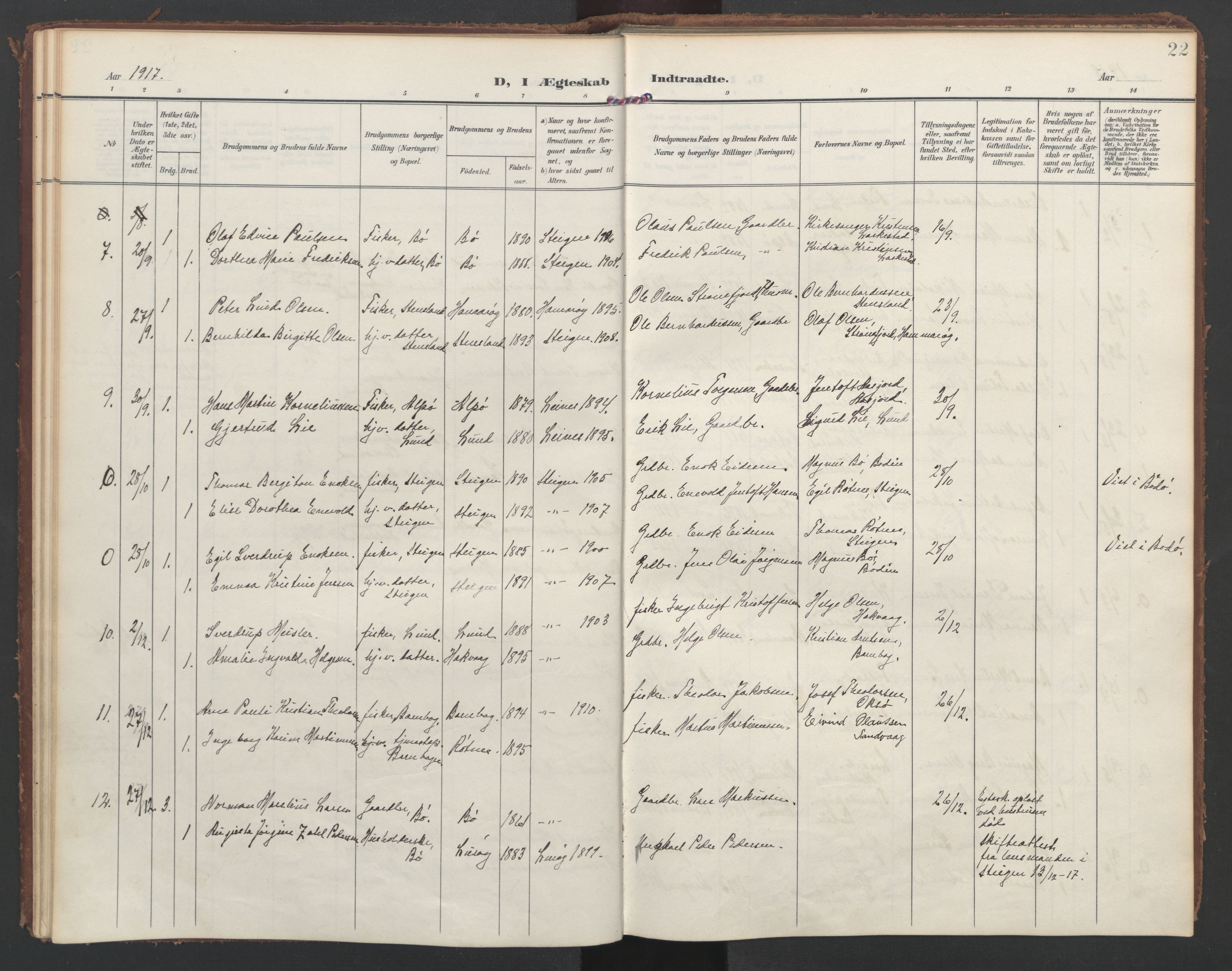 Ministerialprotokoller, klokkerbøker og fødselsregistre - Nordland, SAT/A-1459/855/L0806: Parish register (official) no. 855A14, 1906-1922, p. 22