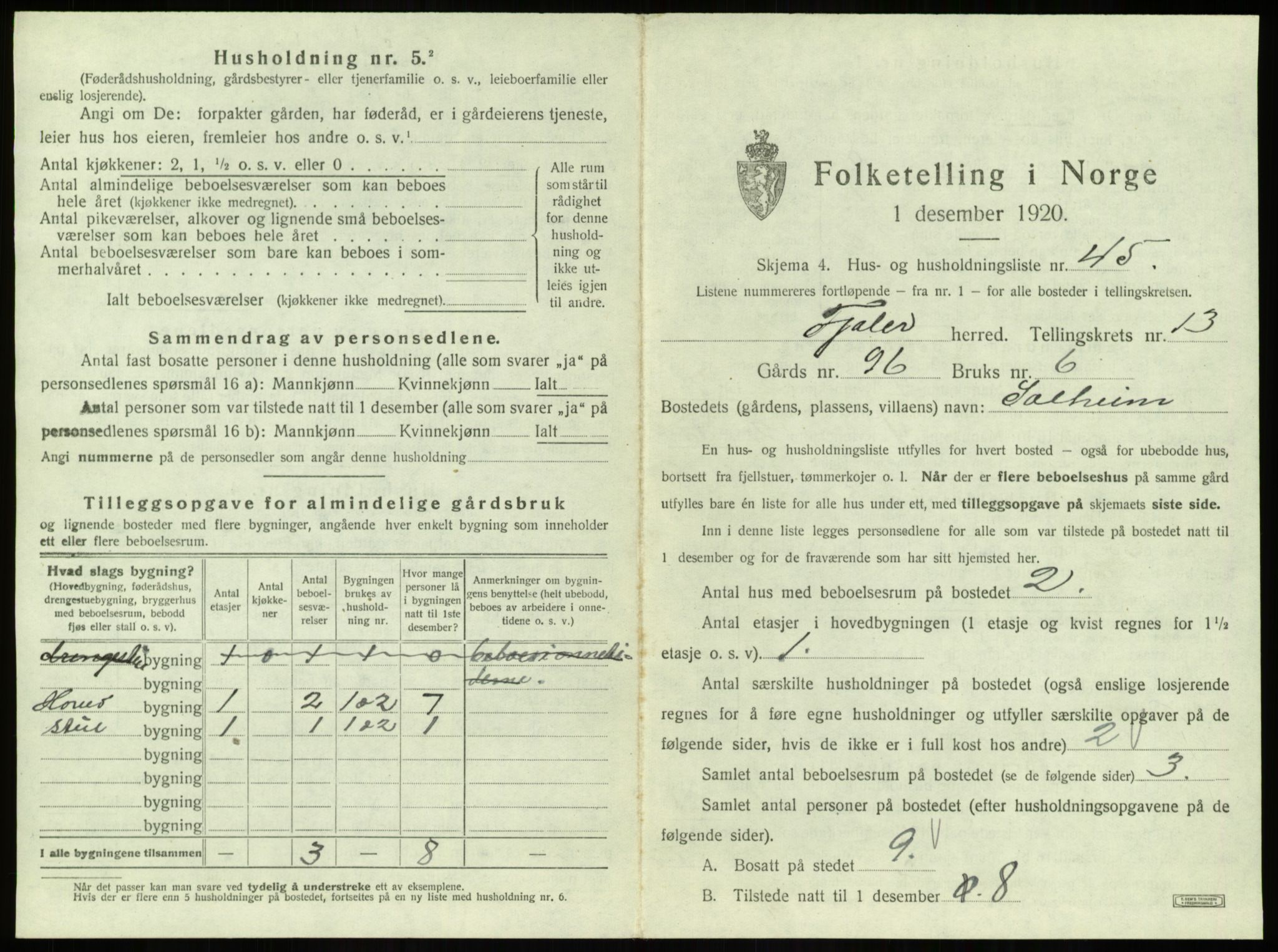 SAB, 1920 census for Fjaler, 1920, p. 1148