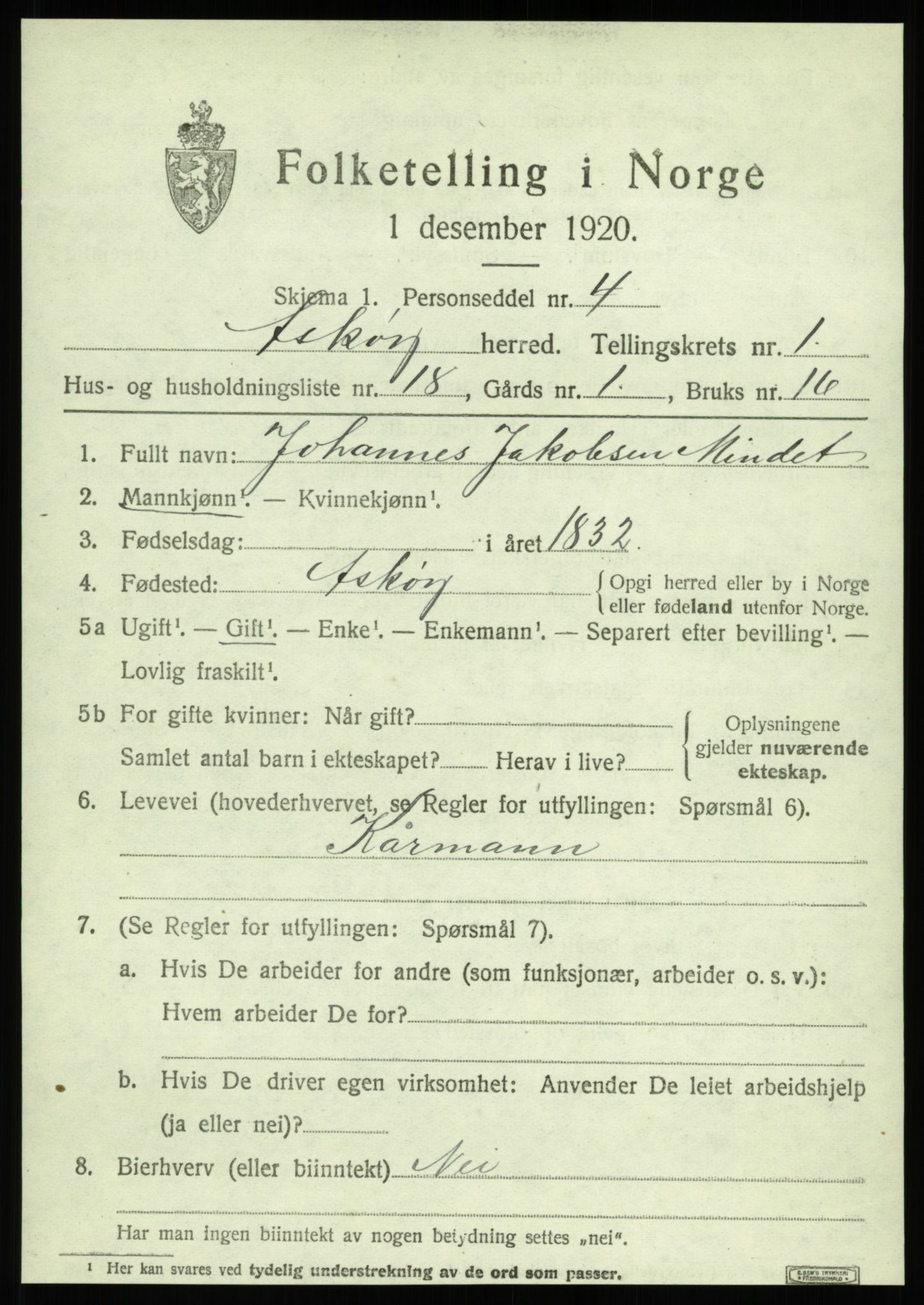 SAB, 1920 census for Askøy, 1920, p. 3706