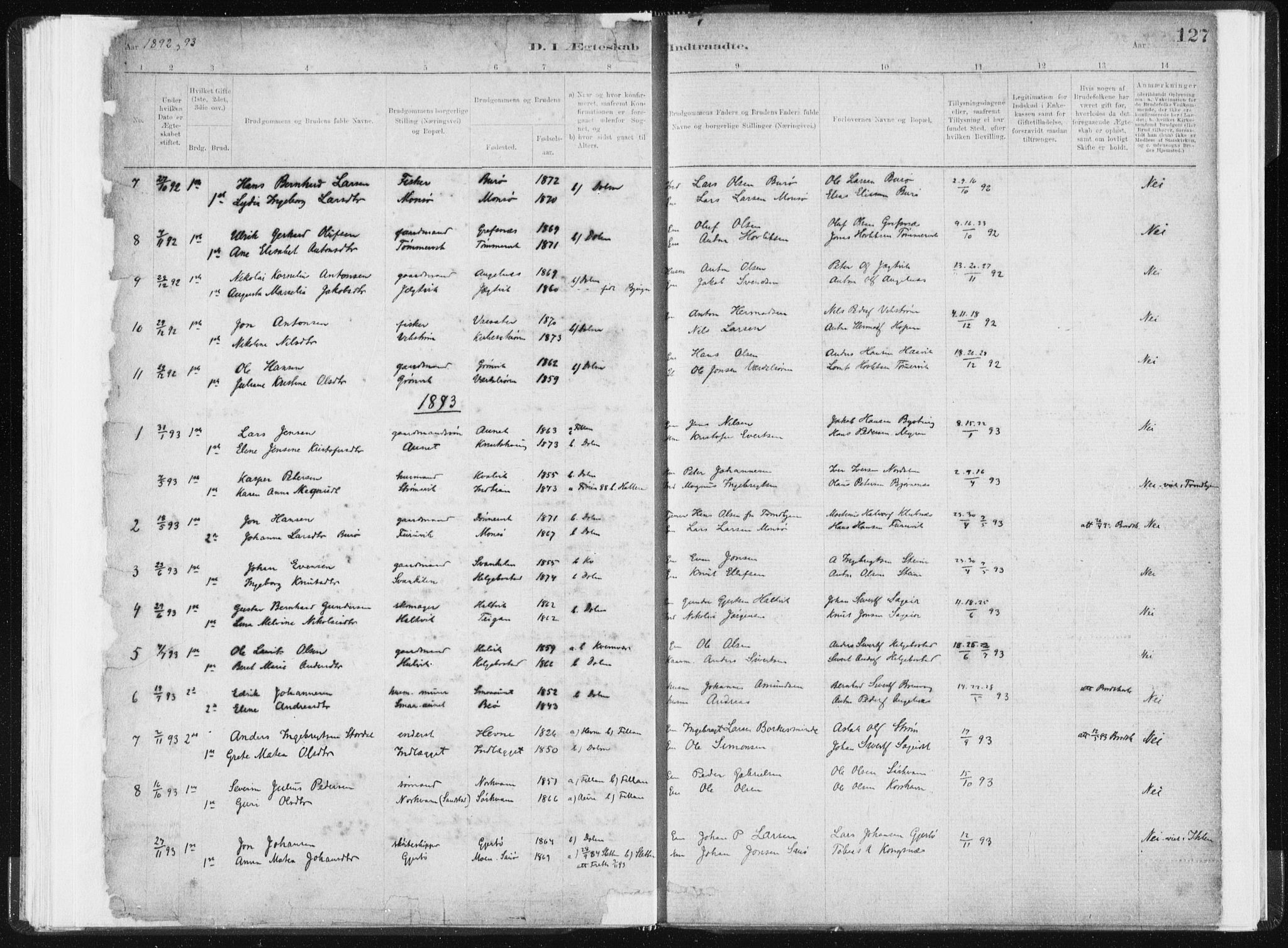 Ministerialprotokoller, klokkerbøker og fødselsregistre - Sør-Trøndelag, SAT/A-1456/634/L0533: Parish register (official) no. 634A09, 1882-1901, p. 127