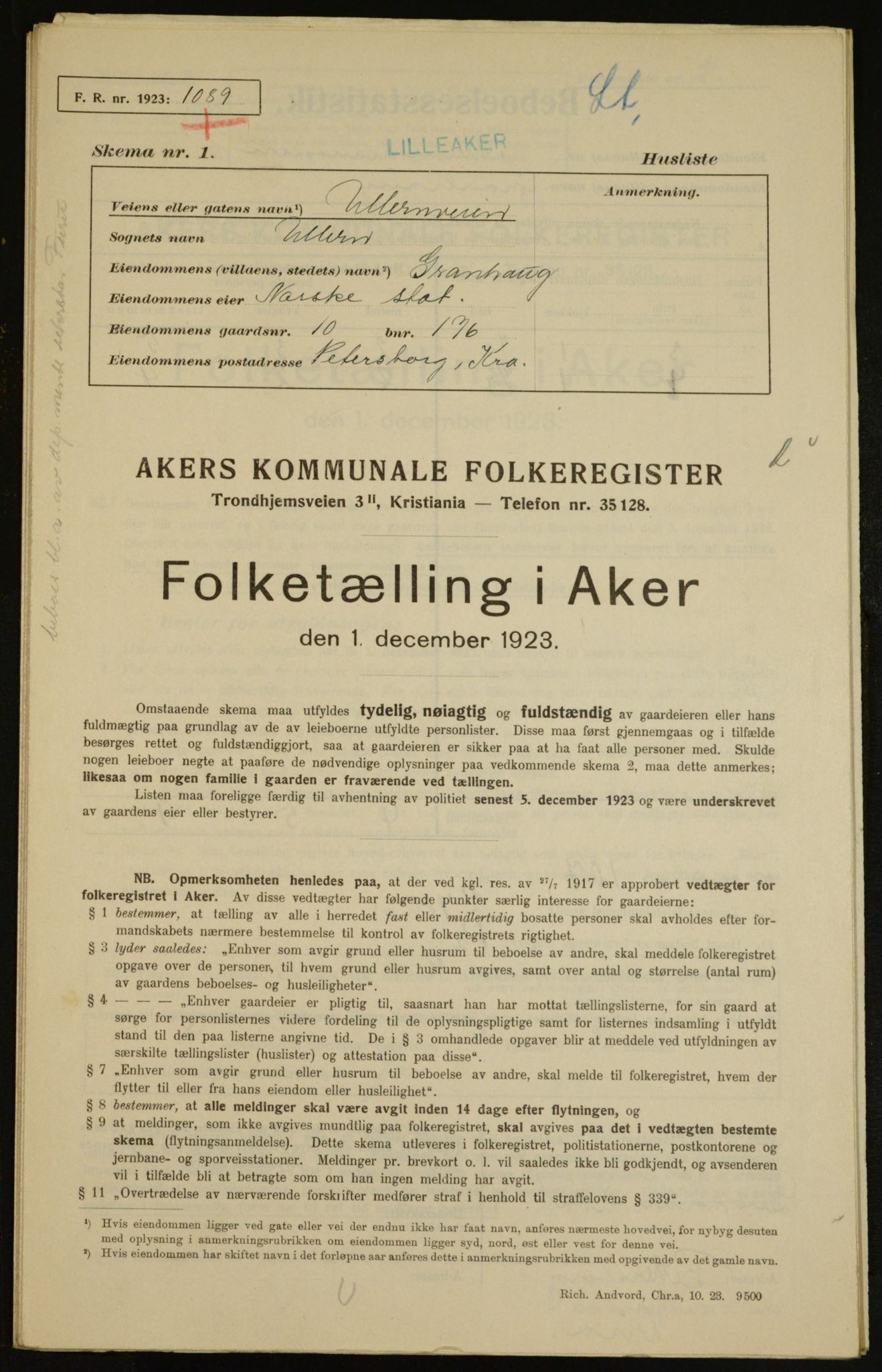 , Municipal Census 1923 for Aker, 1923, p. 6593