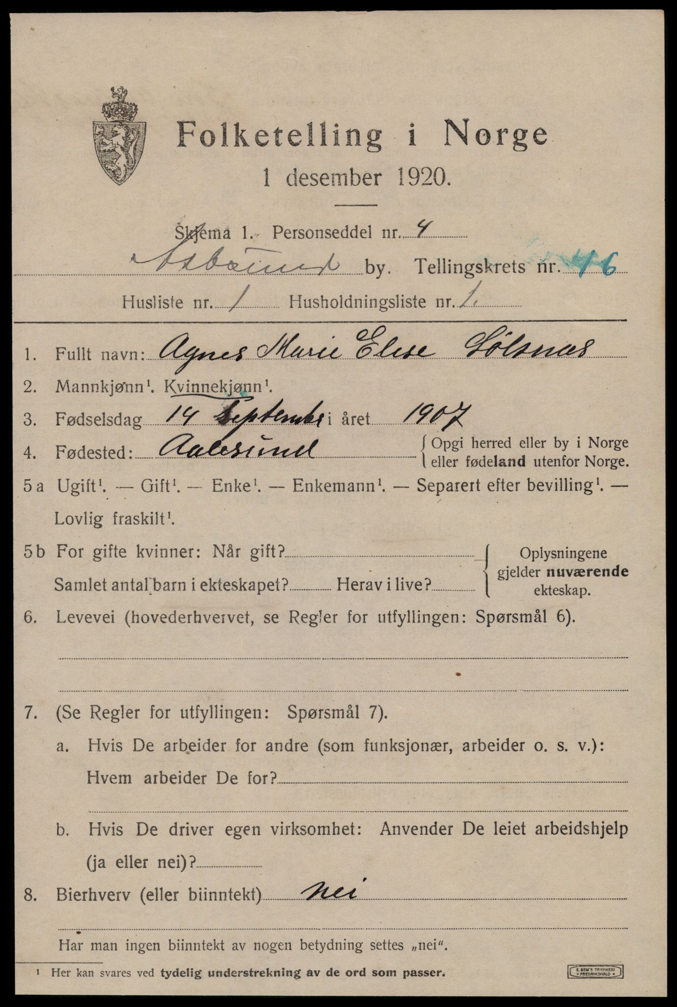 SAT, 1920 census for Ålesund, 1920, p. 30542