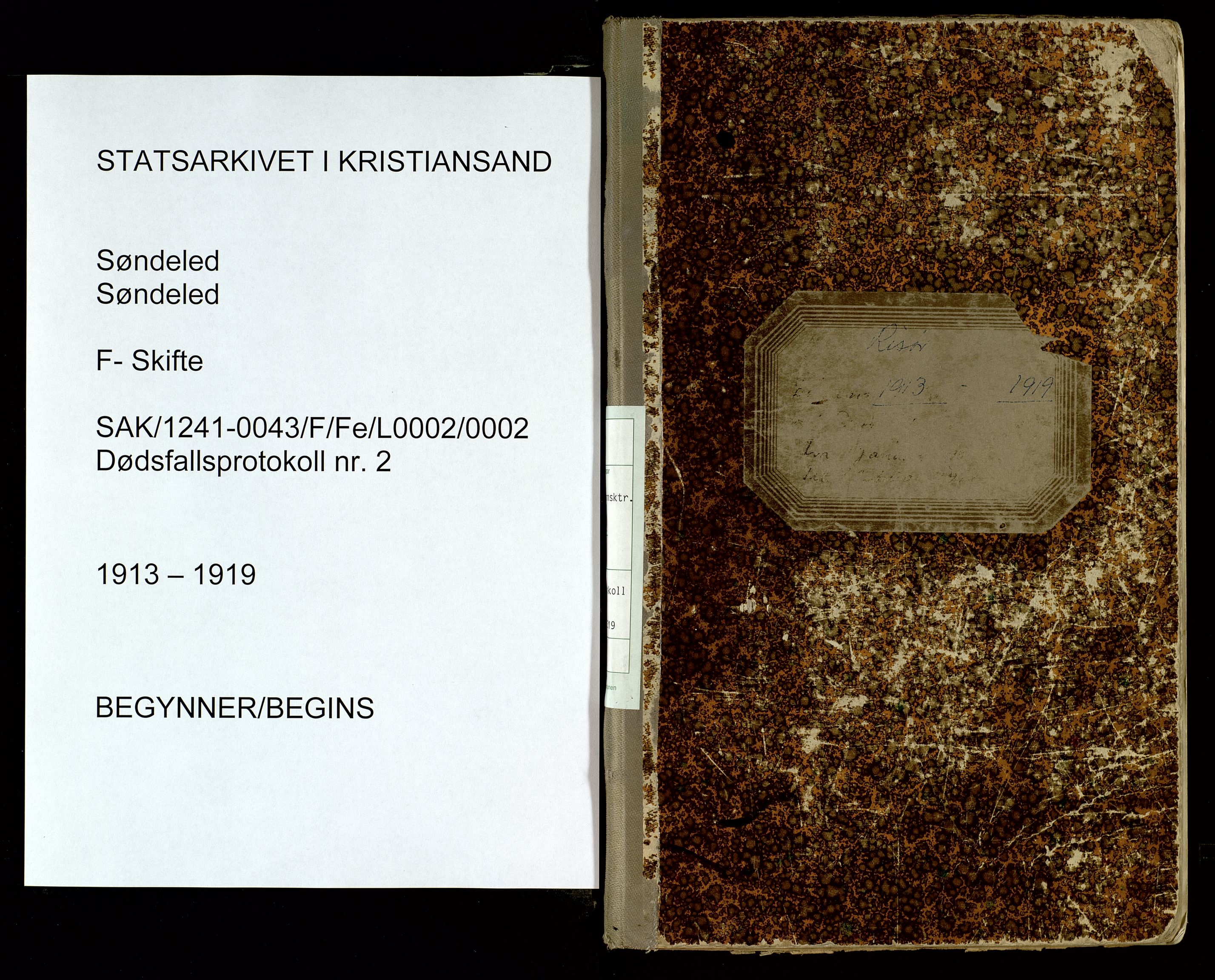 Søndeled lensmannskontor, SAK/1241-0043/F/Fe/L0002/0002: Dødsfallsprotokoller / Dødsfallsprotokoll Risør med register, 1913-1919