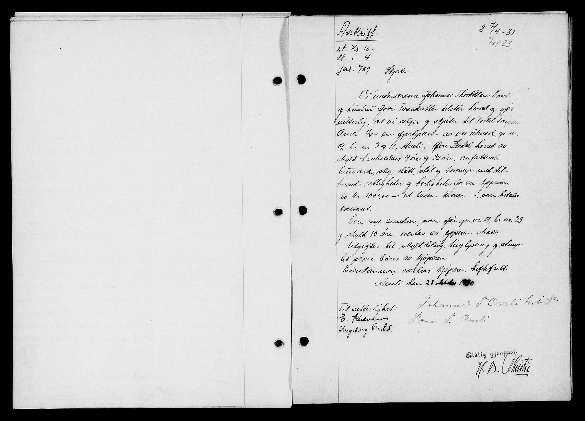 Flekkefjord sorenskriveri, SAK/1221-0001/G/Gb/Gba/L0046: Mortgage book no. 44, 1930-1931, Deed date: 07.04.1931
