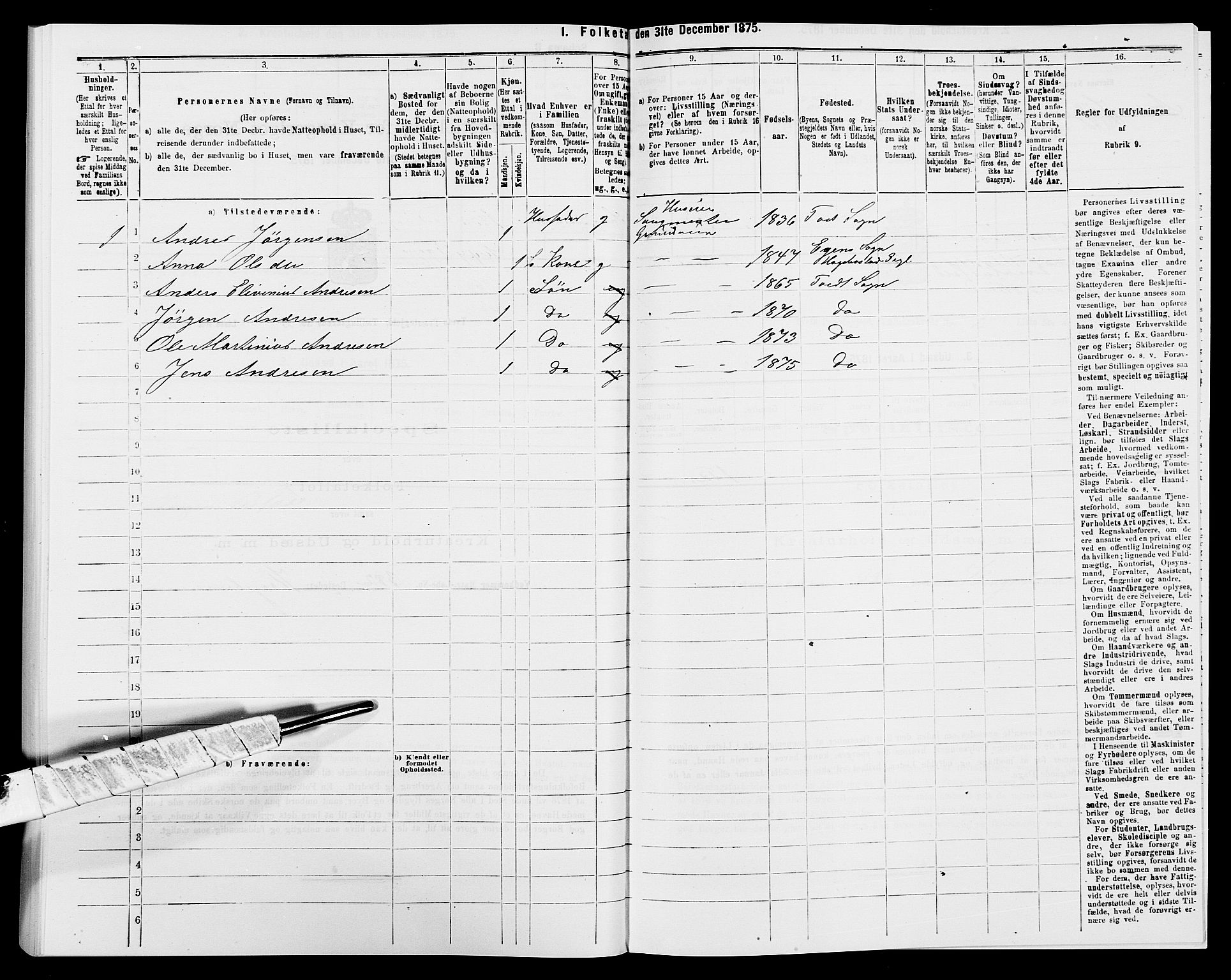 SAK, 1875 census for 1013P Tveit, 1875, p. 300