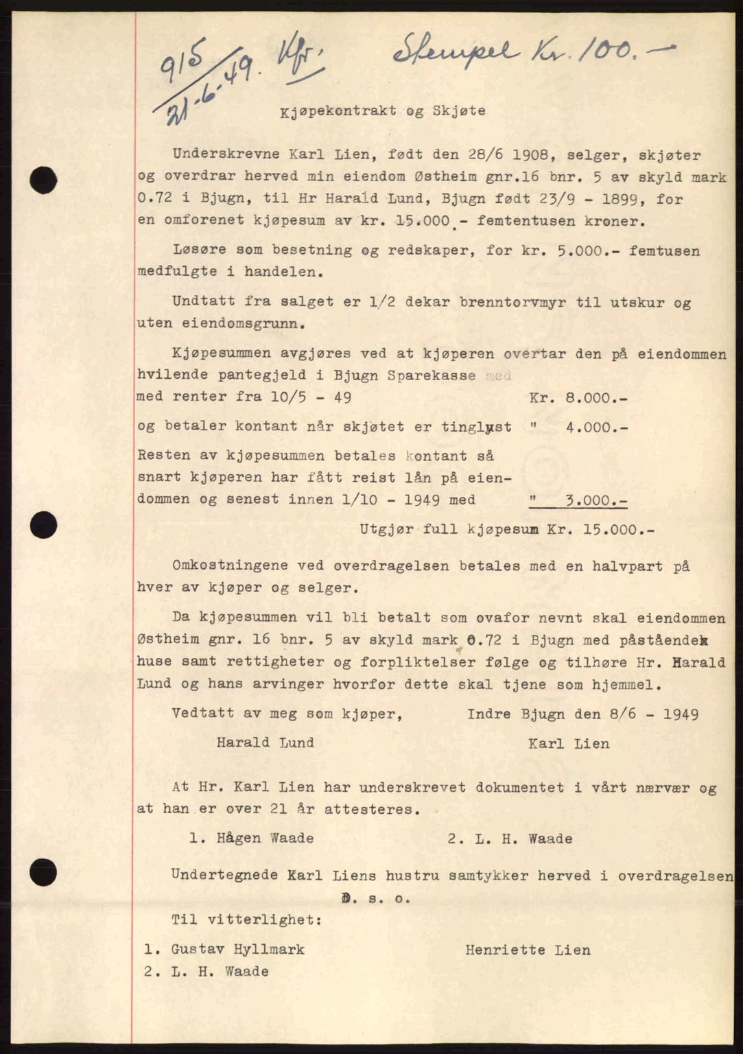 Fosen sorenskriveri, AV/SAT-A-1107/1/2/2C: Mortgage book no. A9, 1948-1949, Diary no: : 915/1949