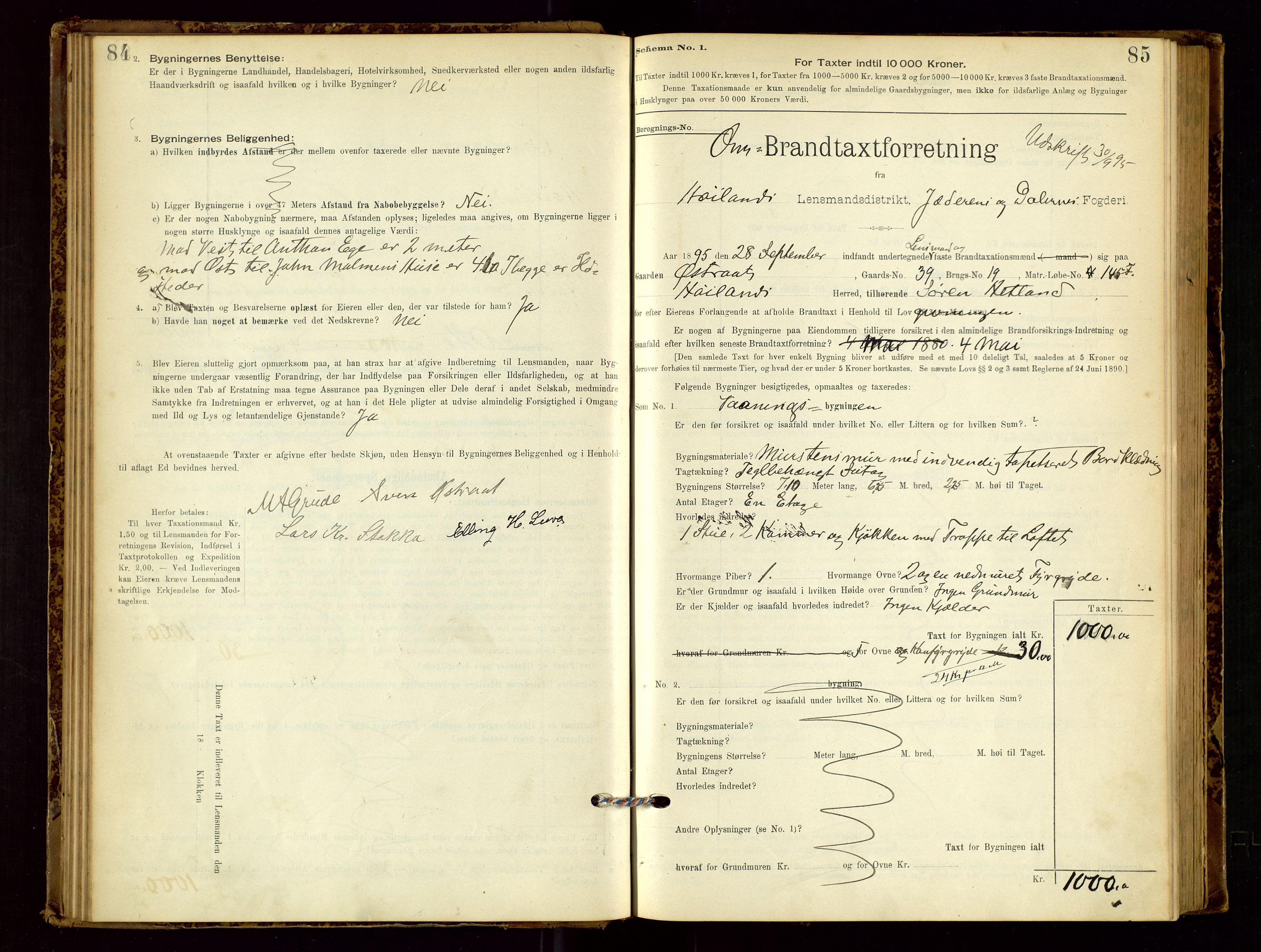 Høyland/Sandnes lensmannskontor, AV/SAST-A-100166/Gob/L0001: "Brandtaxtprotokol", 1890-1913, p. 84-85