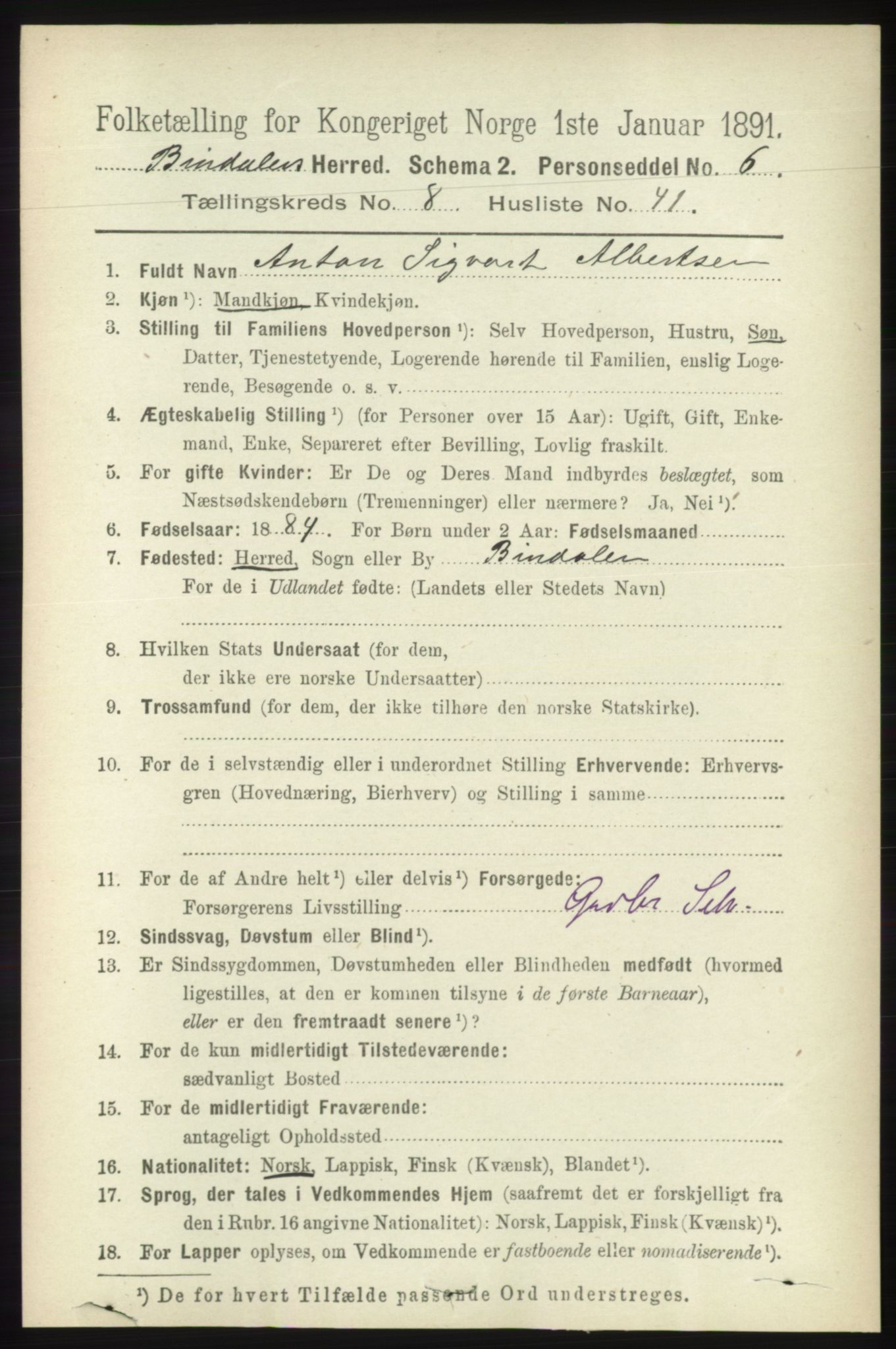 RA, 1891 census for 1811 Bindal, 1891, p. 2883