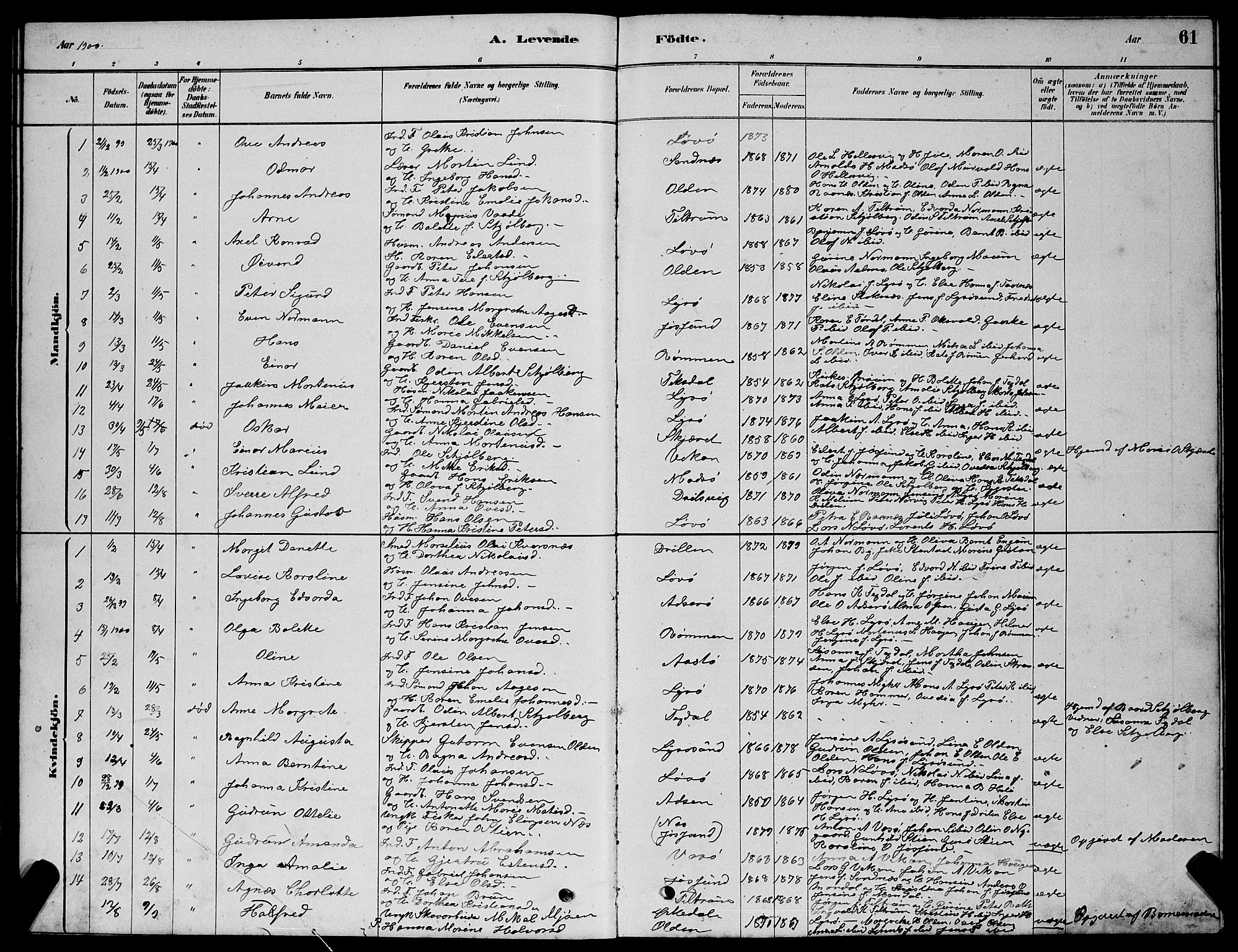 Ministerialprotokoller, klokkerbøker og fødselsregistre - Sør-Trøndelag, SAT/A-1456/654/L0665: Parish register (copy) no. 654C01, 1879-1901, p. 61