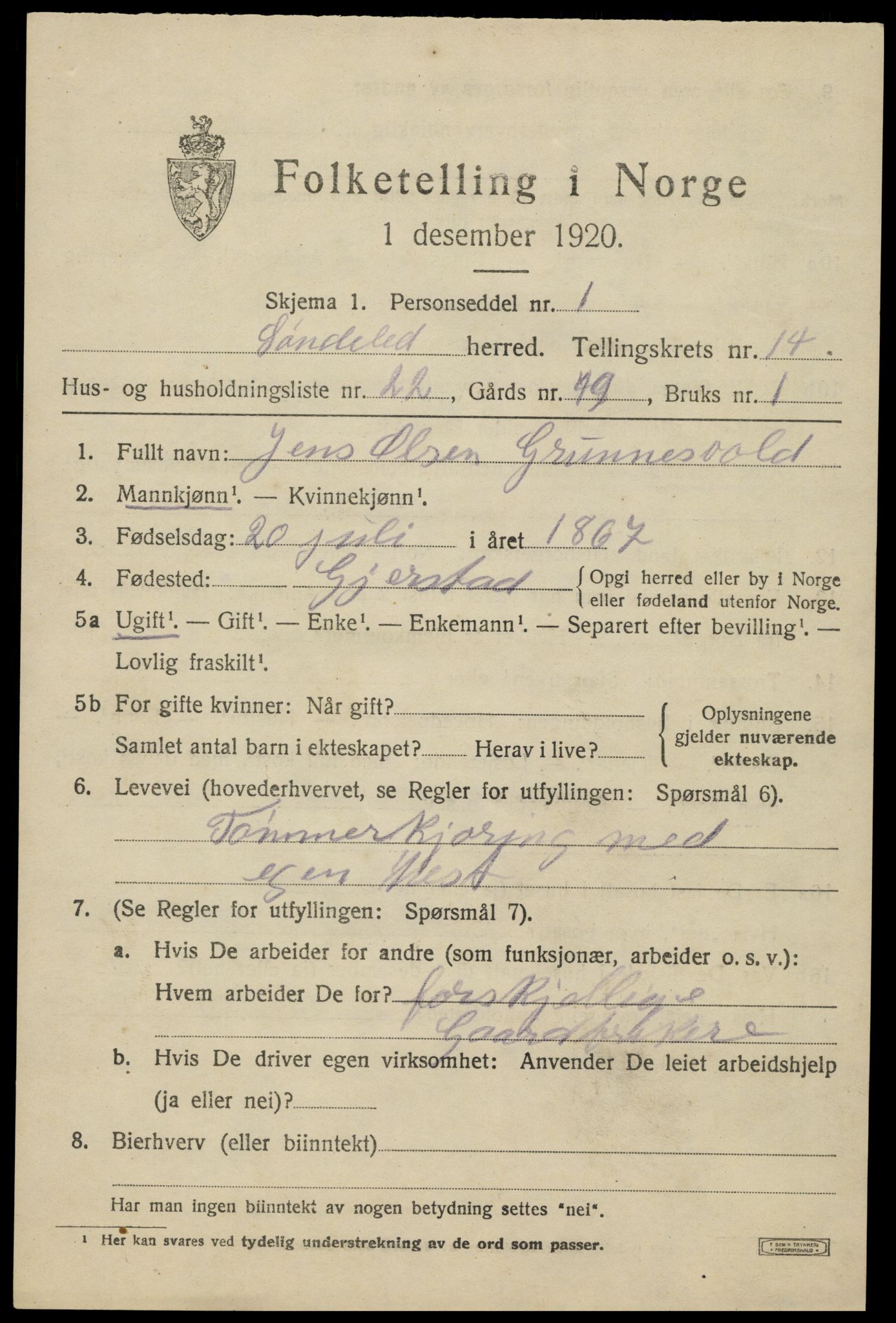 SAK, 1920 census for Søndeled, 1920, p. 6663