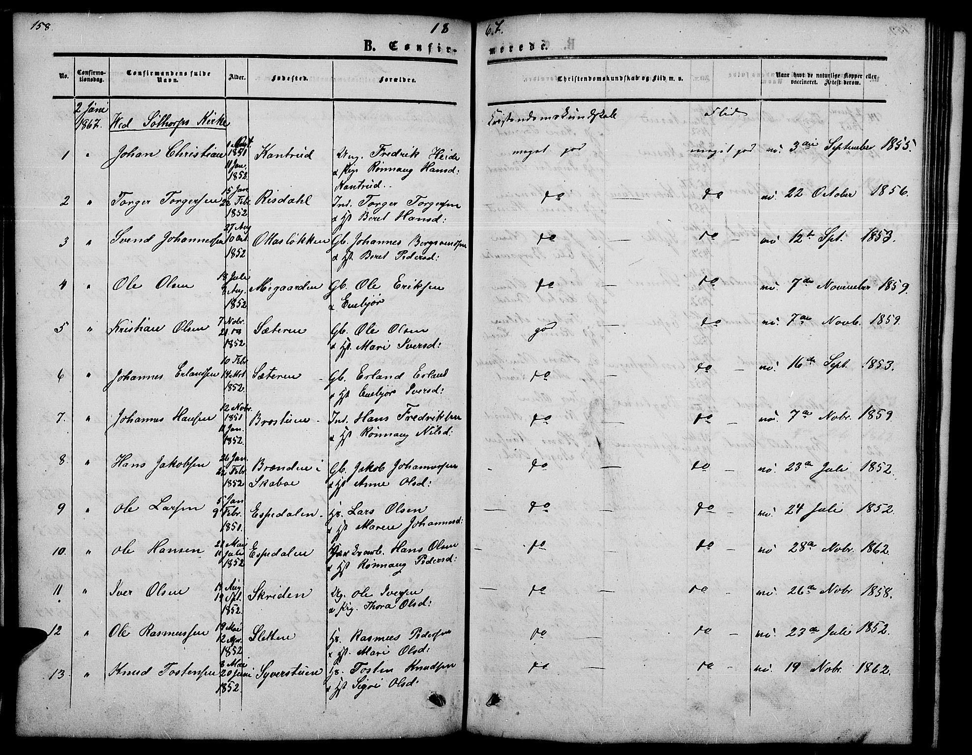 Nord-Fron prestekontor, SAH/PREST-080/H/Ha/Hab/L0002: Parish register (copy) no. 2, 1851-1883, p. 158