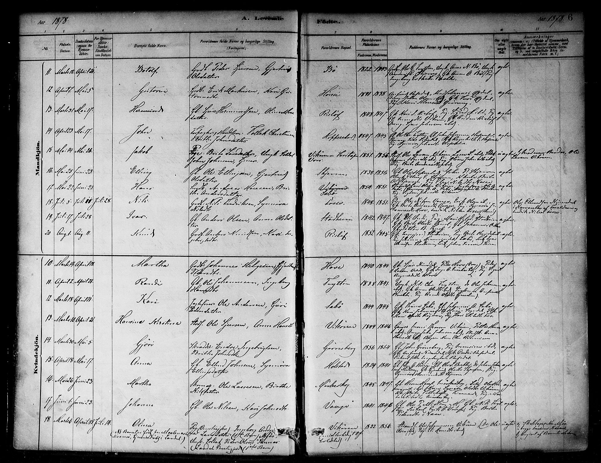 Vik sokneprestembete, SAB/A-81501: Parish register (official) no. B 1, 1878-1890, p. 6