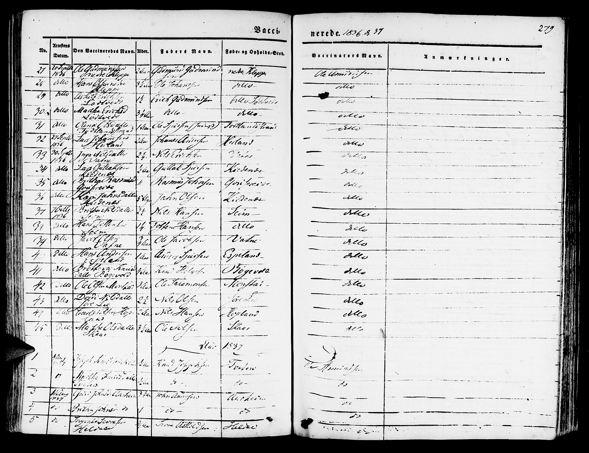 Hosanger sokneprestembete, AV/SAB-A-75801/H/Haa: Parish register (official) no. A 7, 1835-1848, p. 279