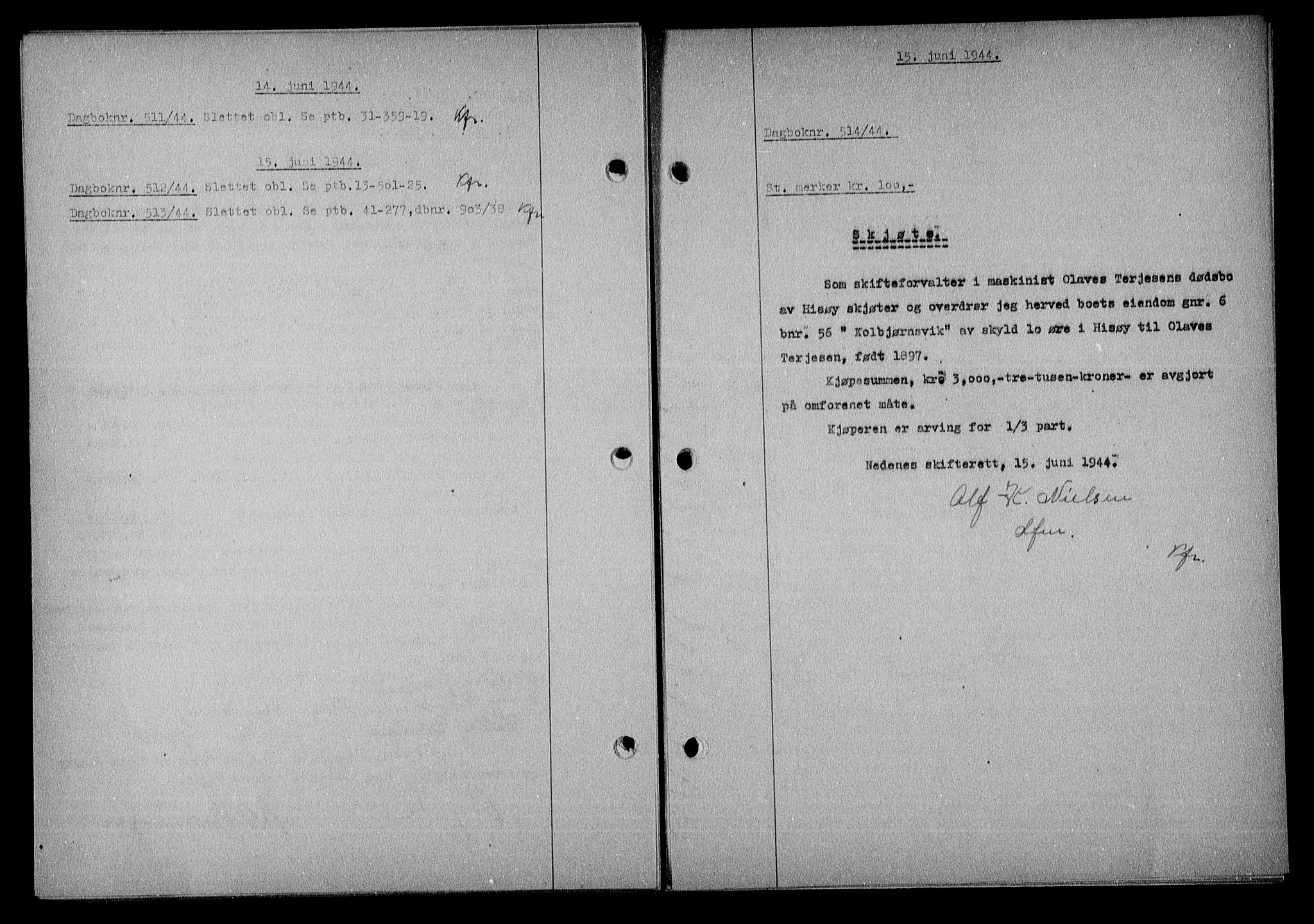 Nedenes sorenskriveri, SAK/1221-0006/G/Gb/Gba/L0051: Mortgage book no. A-V, 1943-1944, Diary no: : 514/1944