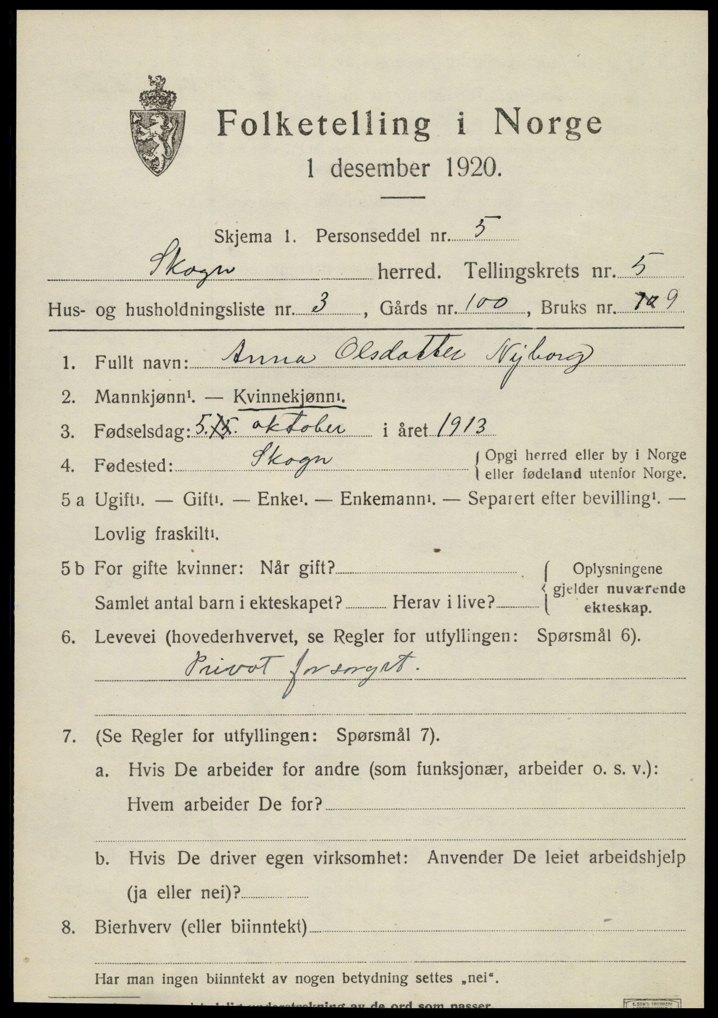 SAT, 1920 census for Skogn, 1920, p. 6509