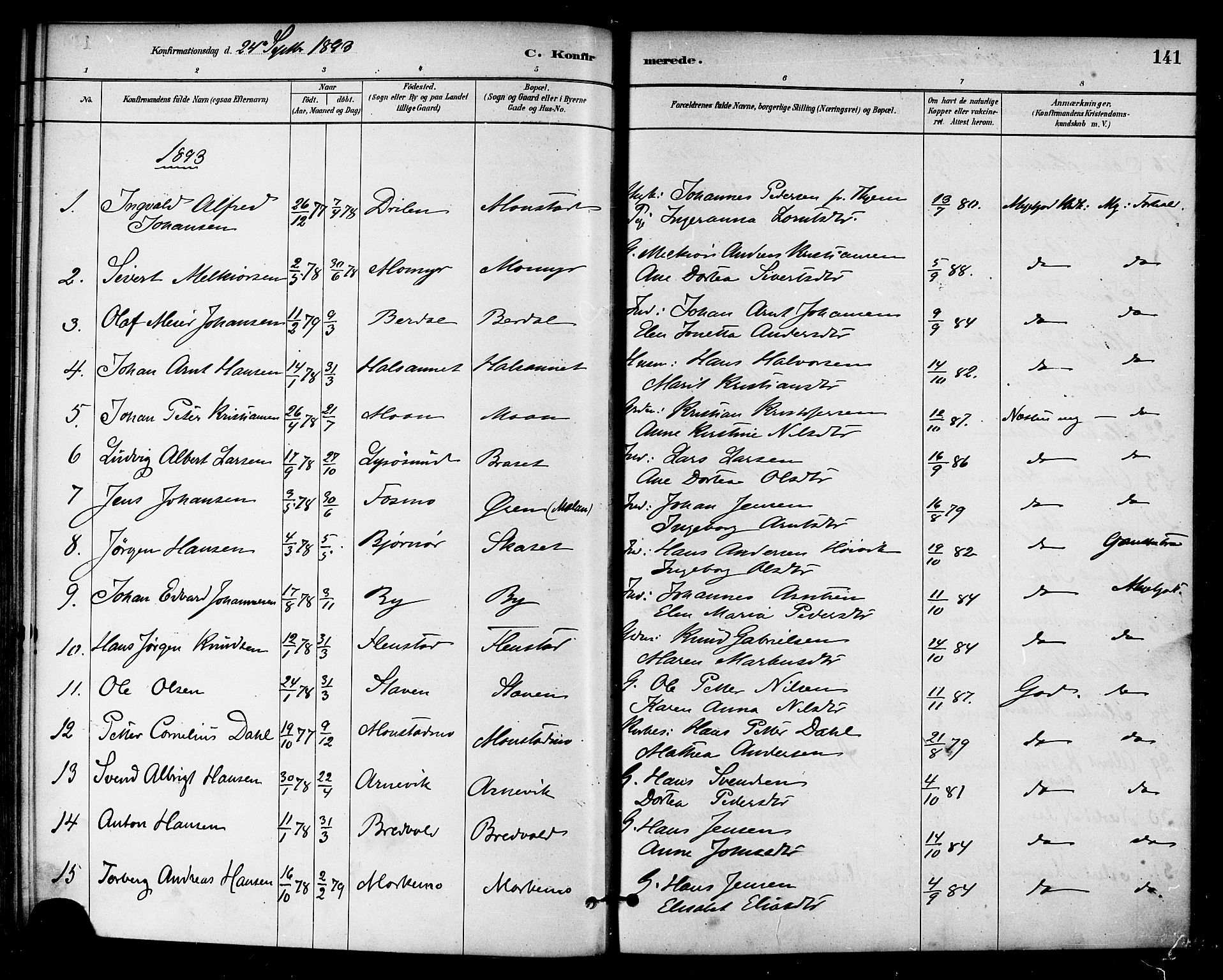 Ministerialprotokoller, klokkerbøker og fødselsregistre - Sør-Trøndelag, SAT/A-1456/655/L0680: Parish register (official) no. 655A09, 1880-1894, p. 141