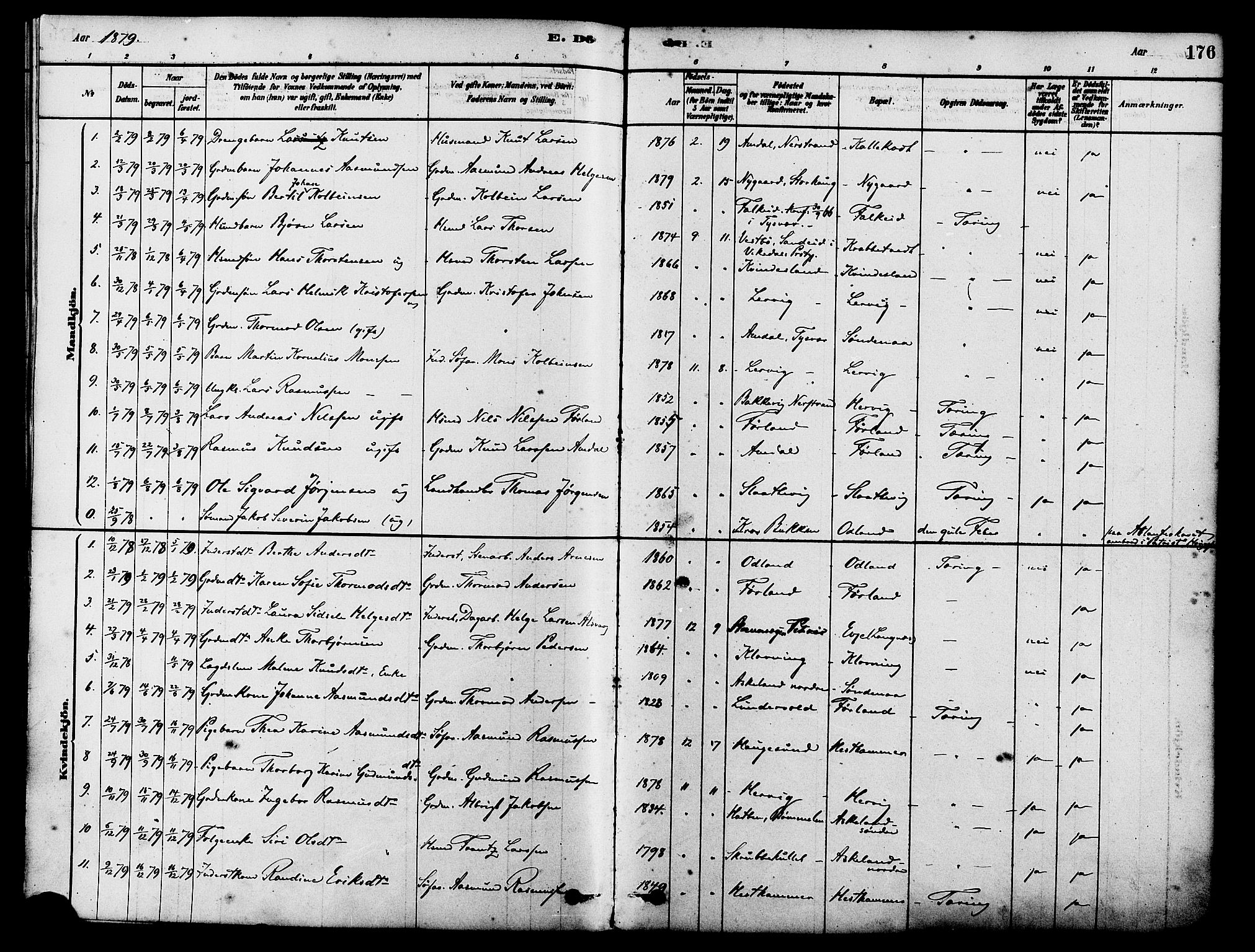 Tysvær sokneprestkontor, SAST/A -101864/H/Ha/Haa/L0006: Parish register (official) no. A 6, 1878-1896, p. 176