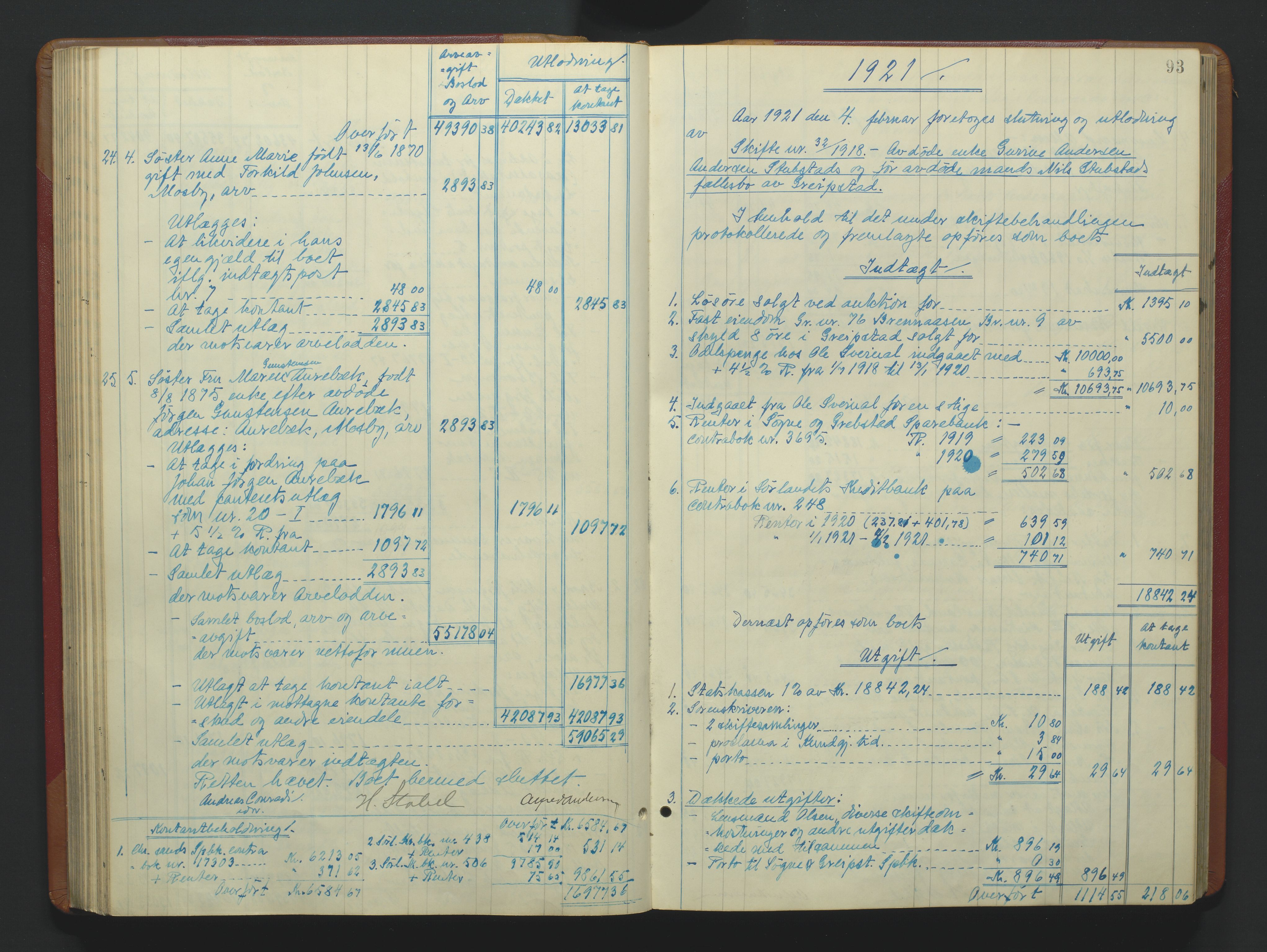 Torridal sorenskriveri, SAK/1221-0012/H/Hc/L0037: Skifteutlodningsprotokoll med navneregister nr. 6, 1918-1927, p. 93