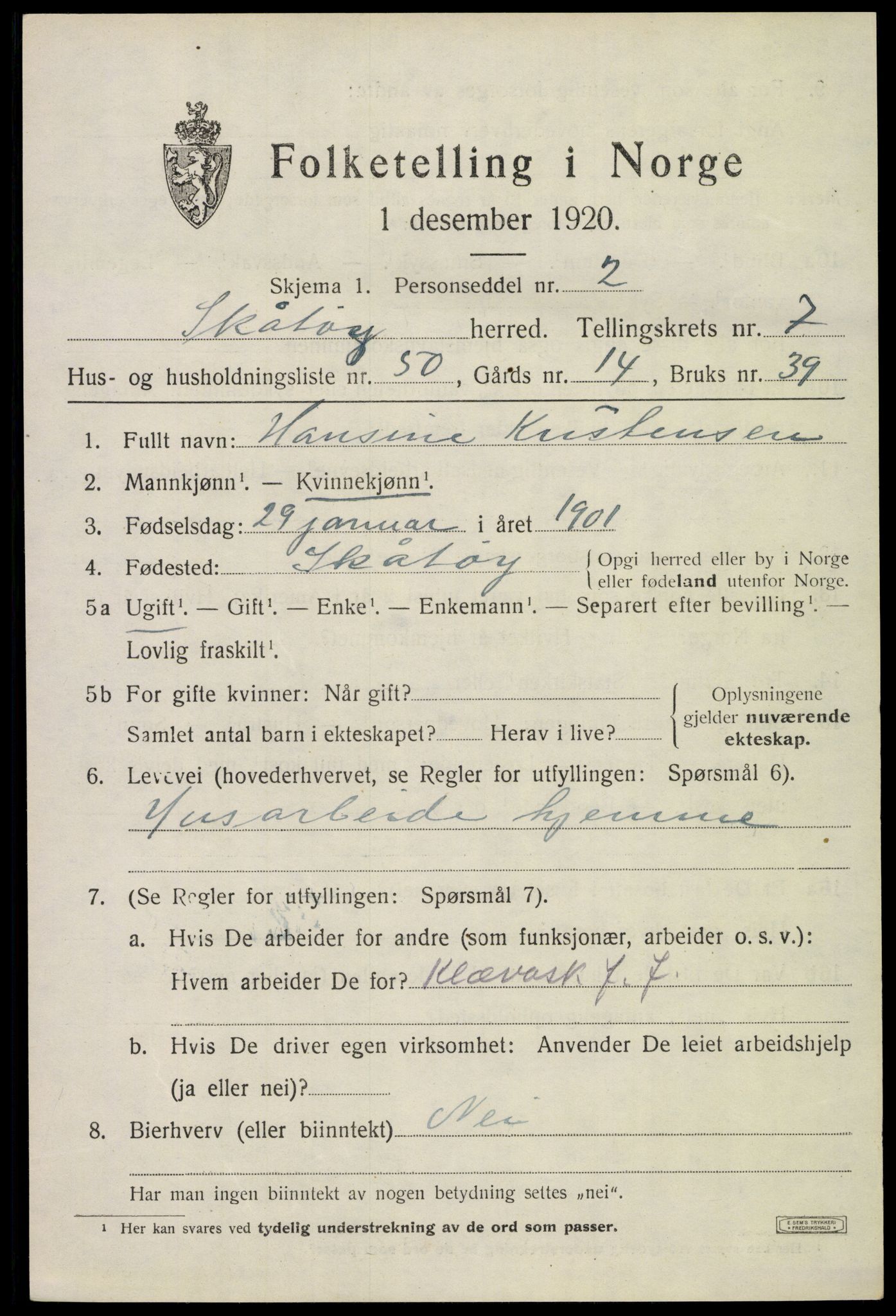 SAKO, 1920 census for Skåtøy, 1920, p. 5860