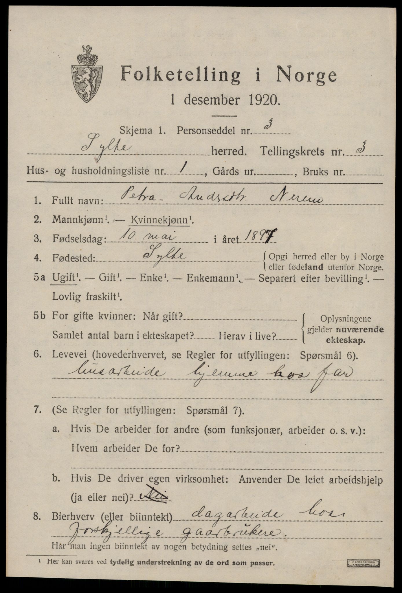 SAT, 1920 census for Sylte, 1920, p. 1785