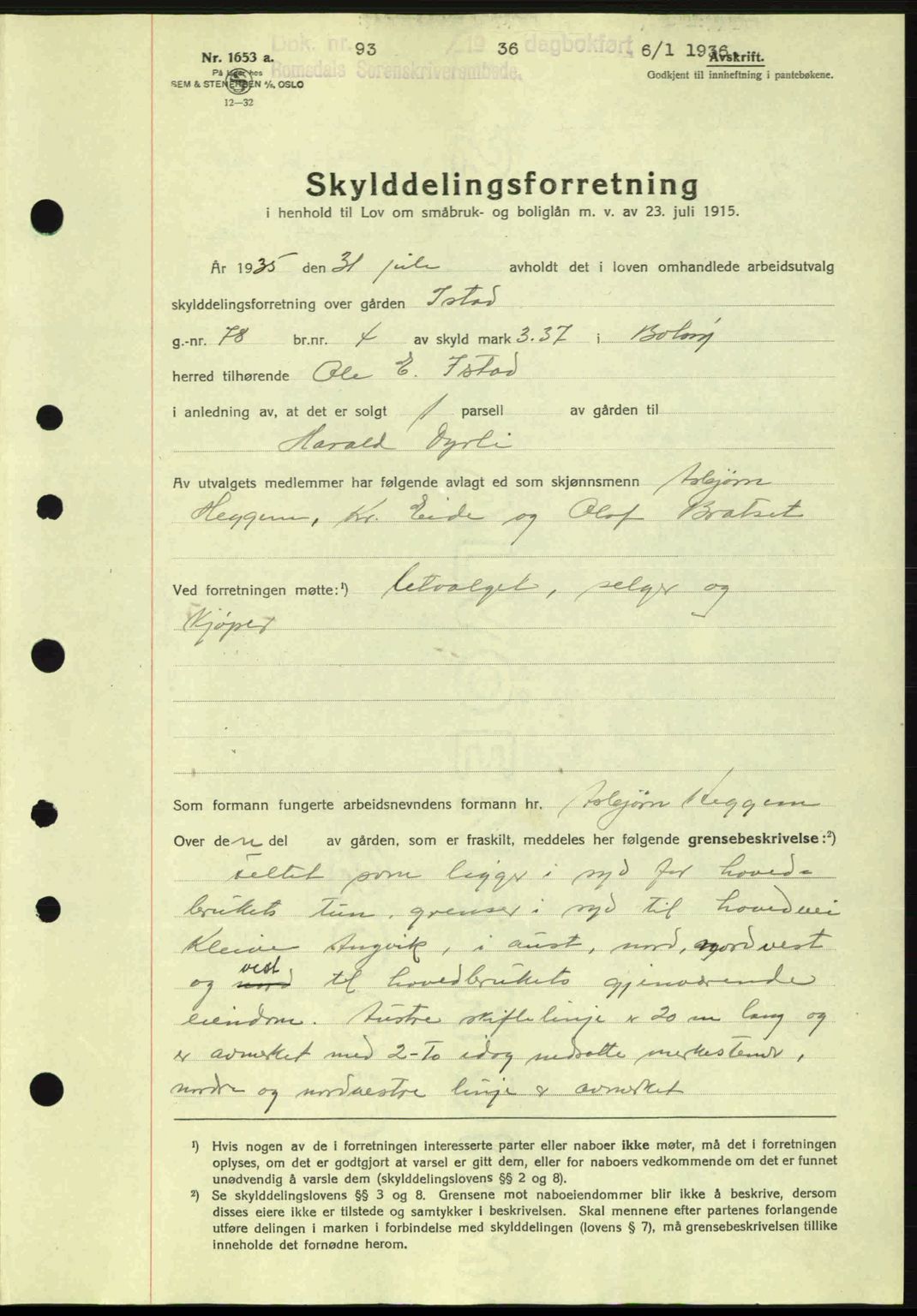 Romsdal sorenskriveri, AV/SAT-A-4149/1/2/2C: Mortgage book no. A1, 1936-1936, Diary no: : 93/1936