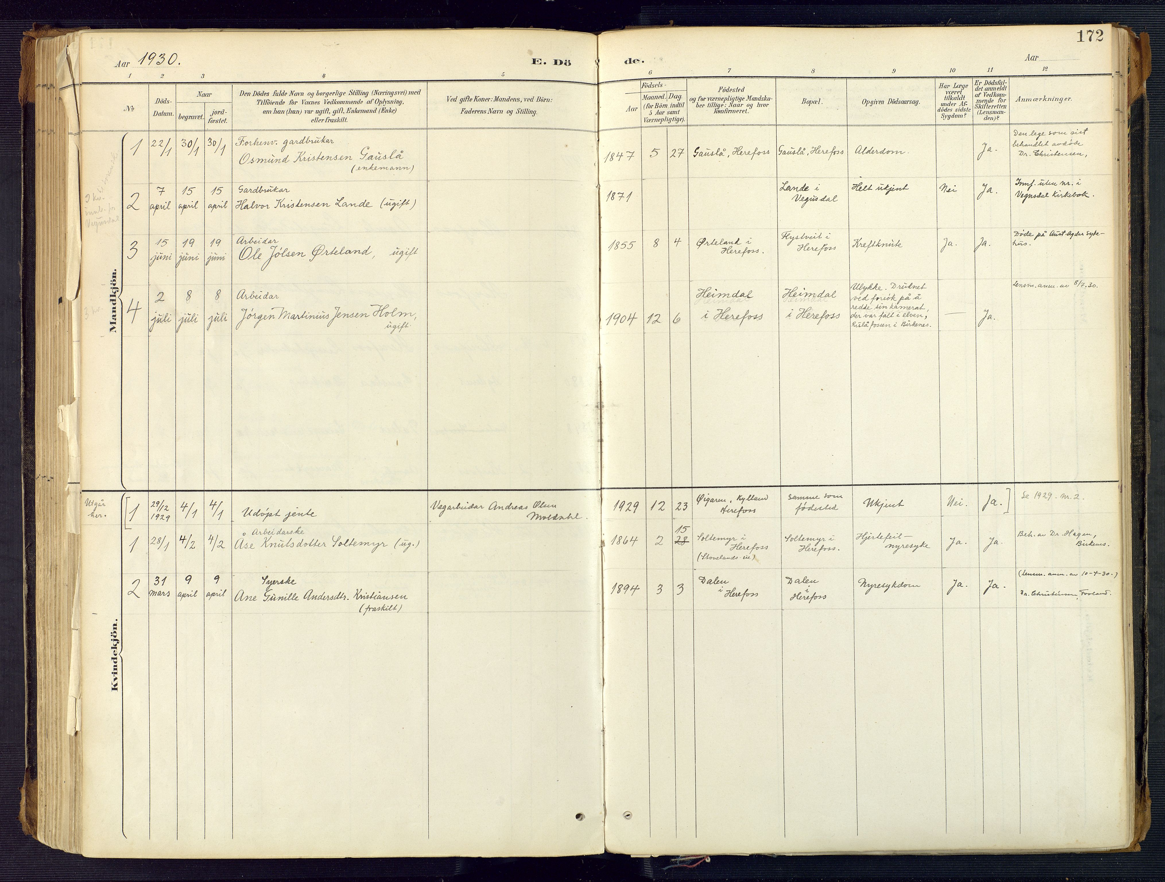 Herefoss sokneprestkontor, AV/SAK-1111-0019/F/Fa/Faa/L0003: Parish register (official) no. A 3, 1887-1930, p. 172