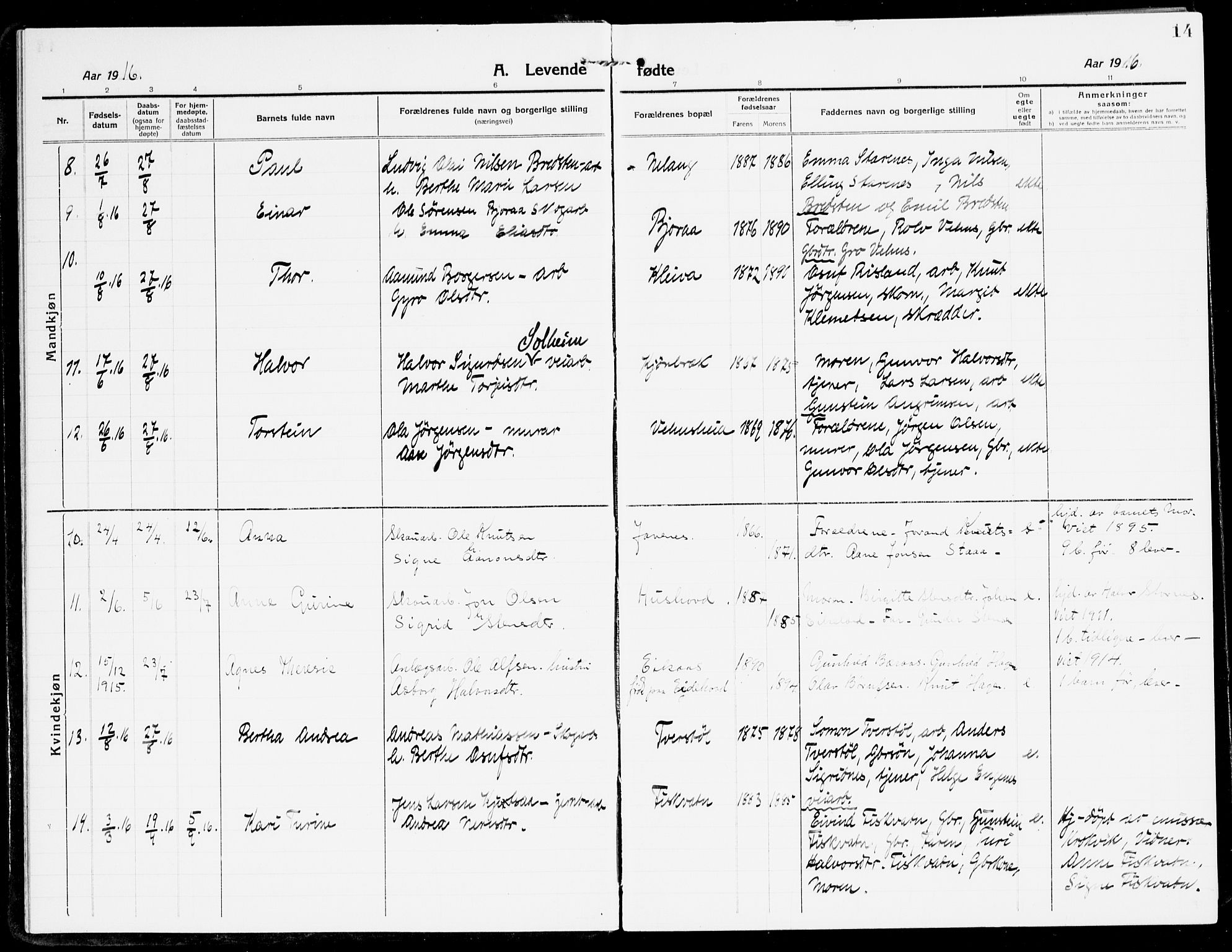 Åmli sokneprestkontor, AV/SAK-1111-0050/F/Fa/Fac/L0013: Parish register (official) no. A 13, 1914-1933, p. 14