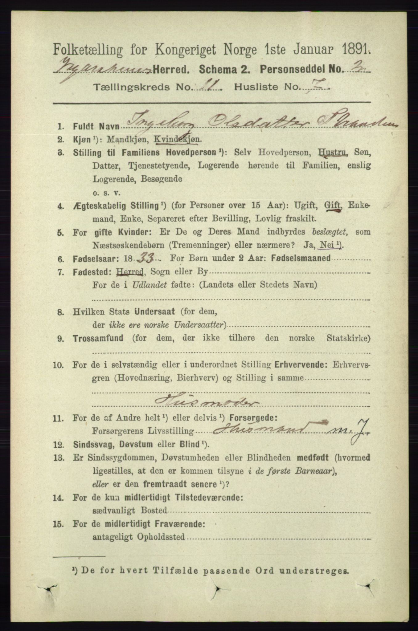 RA, 1891 census for 0912 Vegårshei, 1891, p. 2236