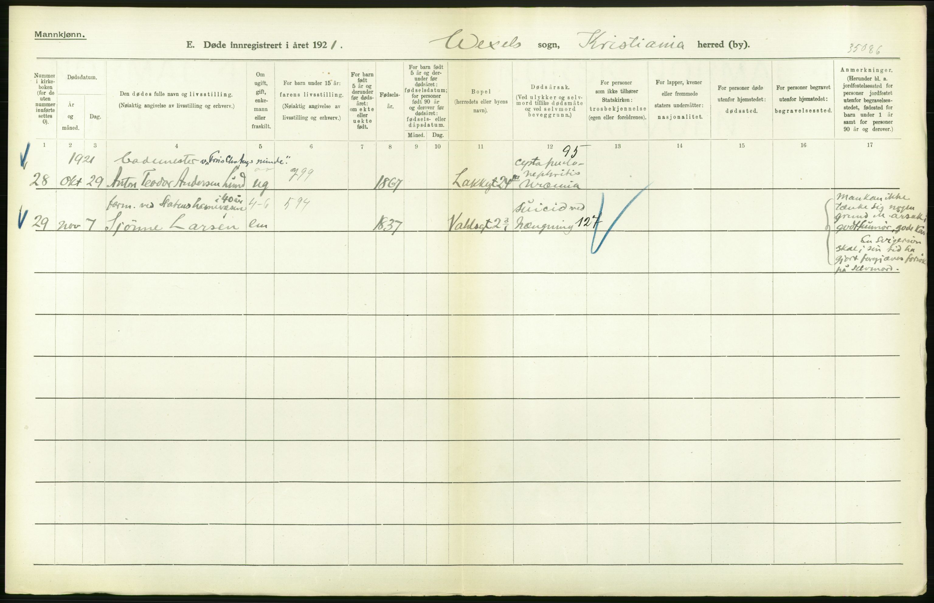 Statistisk sentralbyrå, Sosiodemografiske emner, Befolkning, AV/RA-S-2228/D/Df/Dfc/Dfca/L0013: Kristiania: Døde, dødfødte, 1921, p. 434