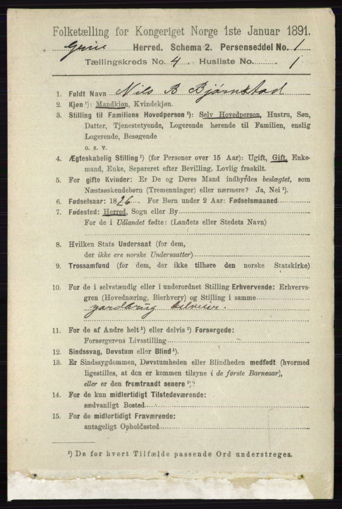 RA, 1891 census for 0423 Grue, 1891, p. 2105