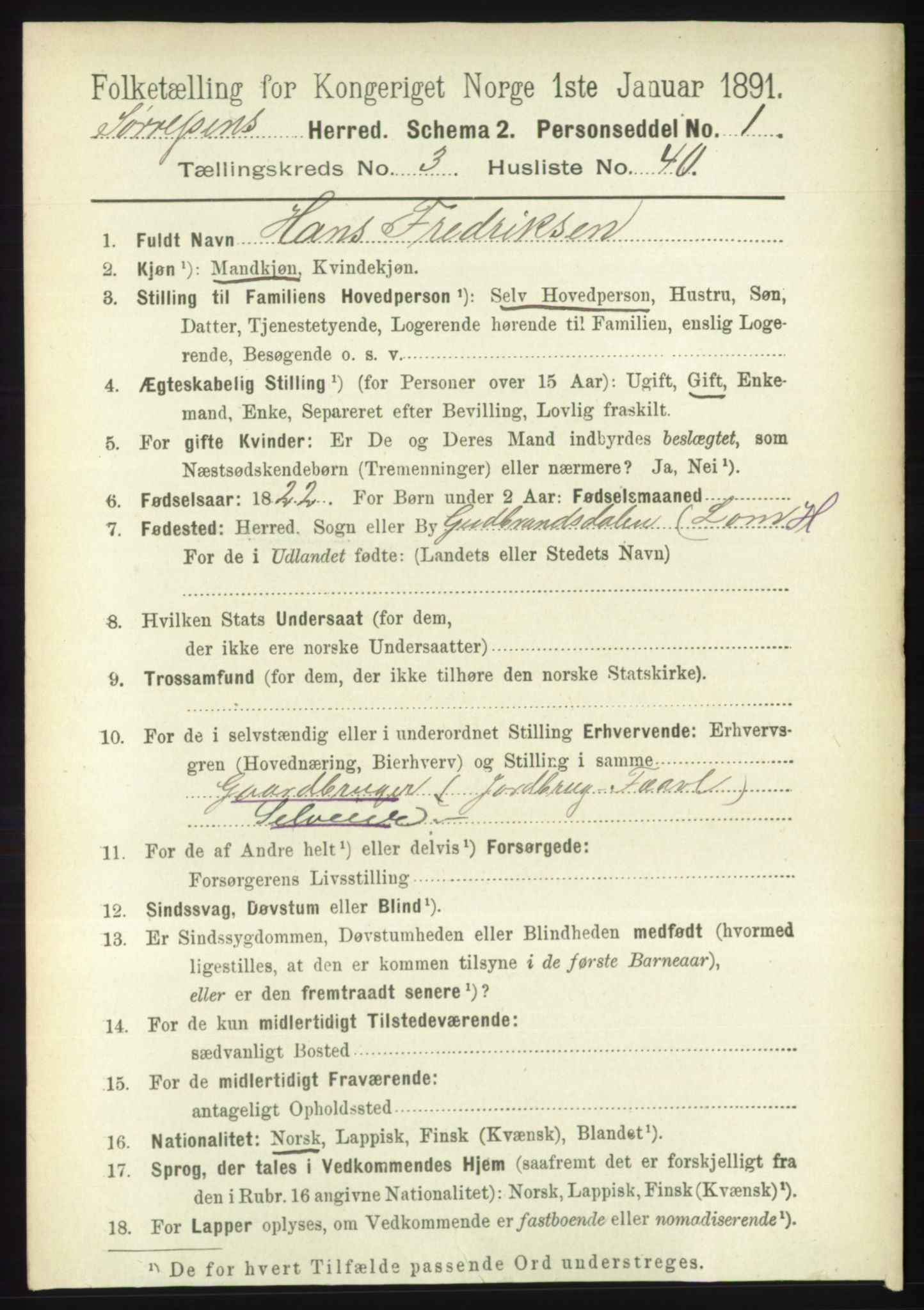 RA, 1891 census for 1925 Sørreisa, 1891, p. 1005