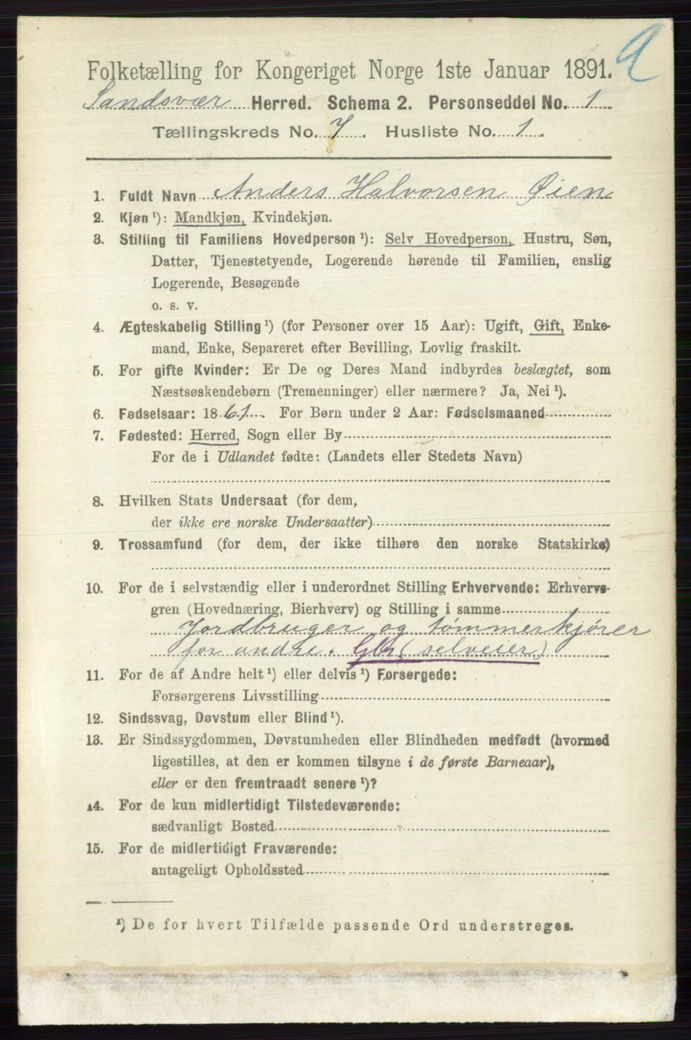 RA, 1891 census for 0629 Sandsvær, 1891, p. 3983