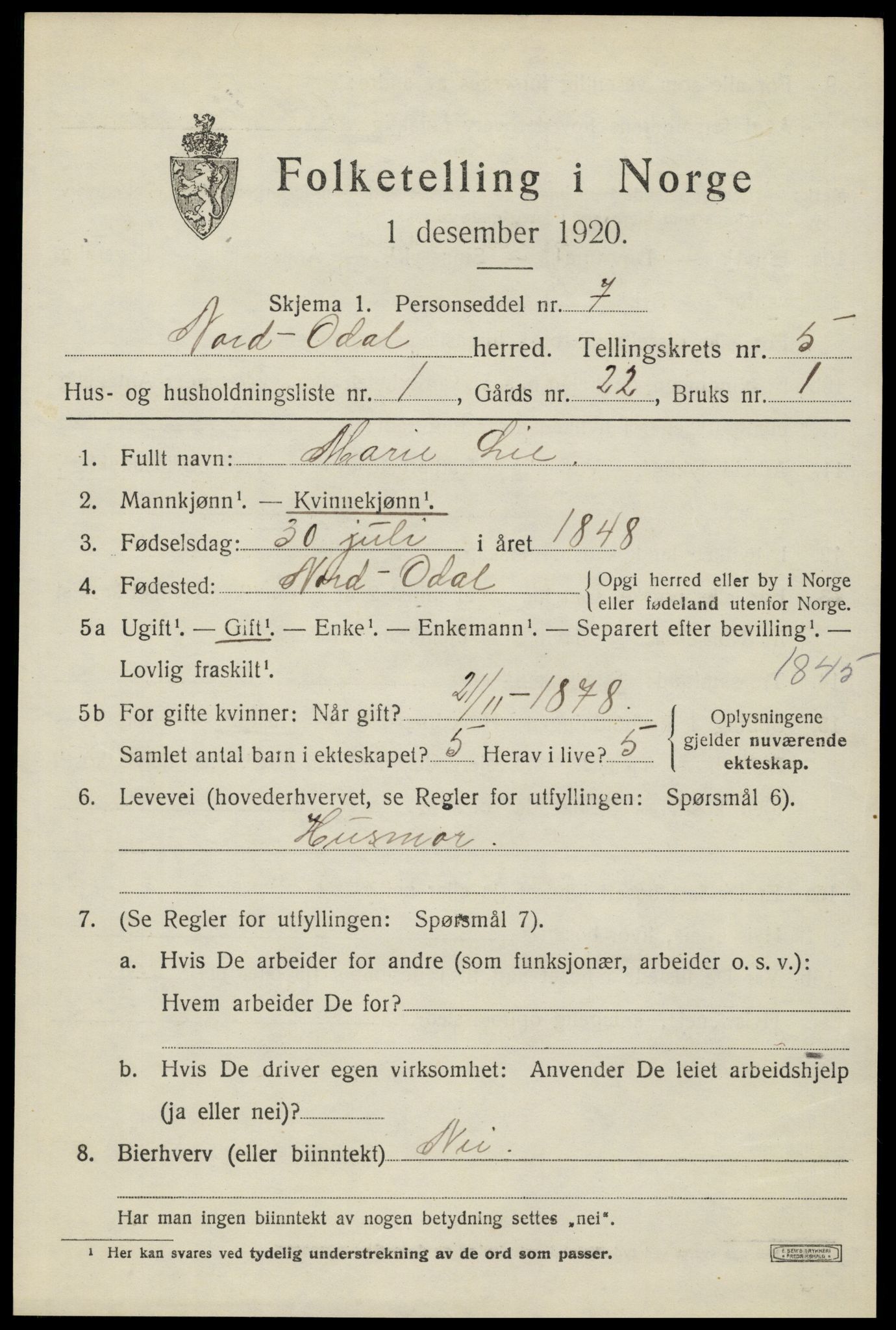 SAH, 1920 census for Nord-Odal, 1920, p. 5045