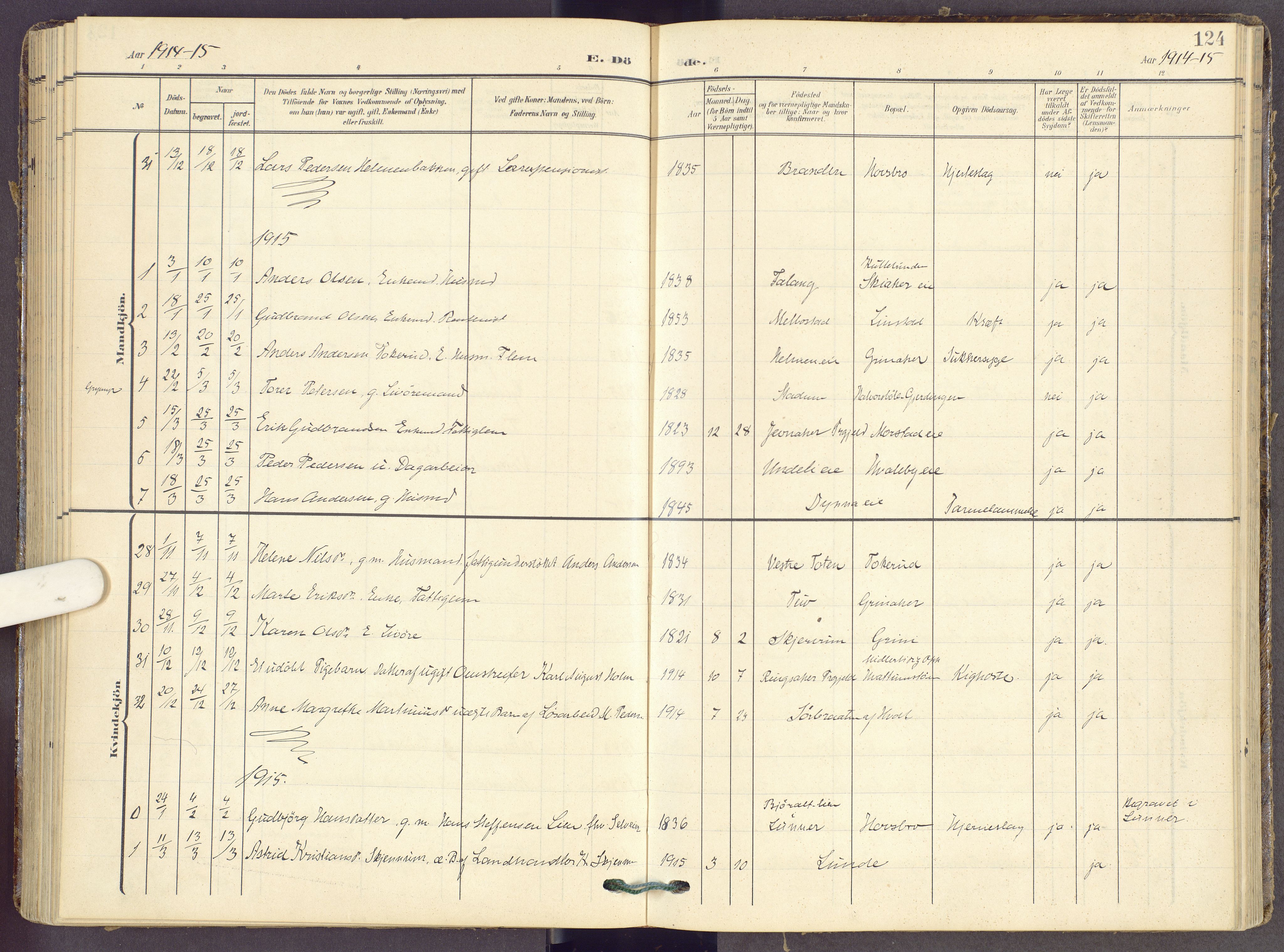 Gran prestekontor, SAH/PREST-112/H/Ha/Haa/L0022: Parish register (official) no. 22, 1908-1918, p. 124