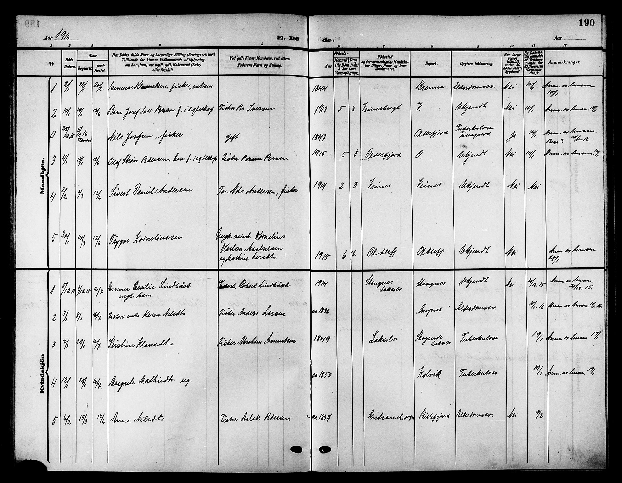 Kistrand/Porsanger sokneprestembete, AV/SATØ-S-1351/H/Hb/L0006.klokk: Parish register (copy) no. 6, 1905-1917, p. 190