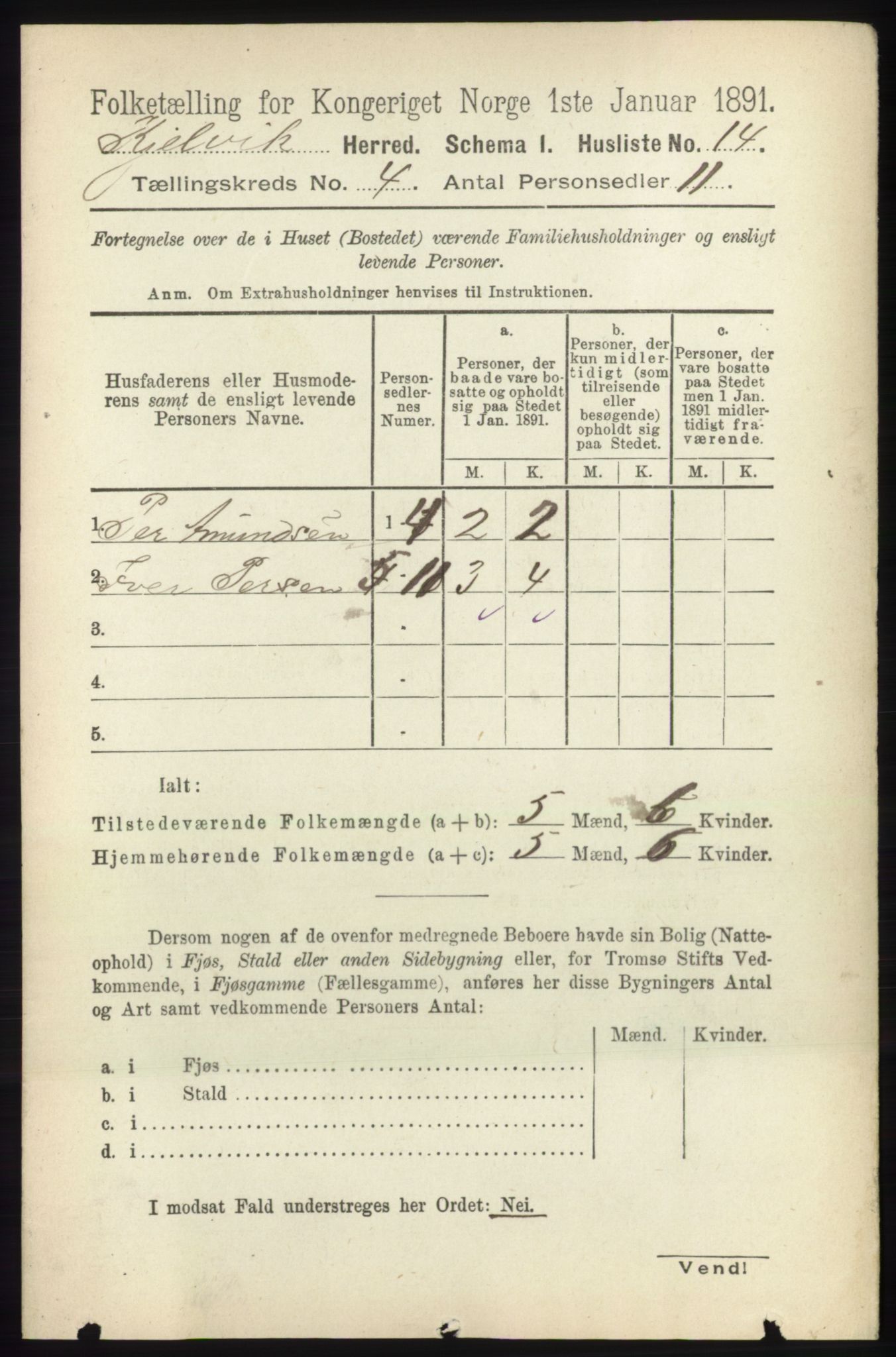 RA, 1891 census for 2019 Kjelvik, 1891, p. 420