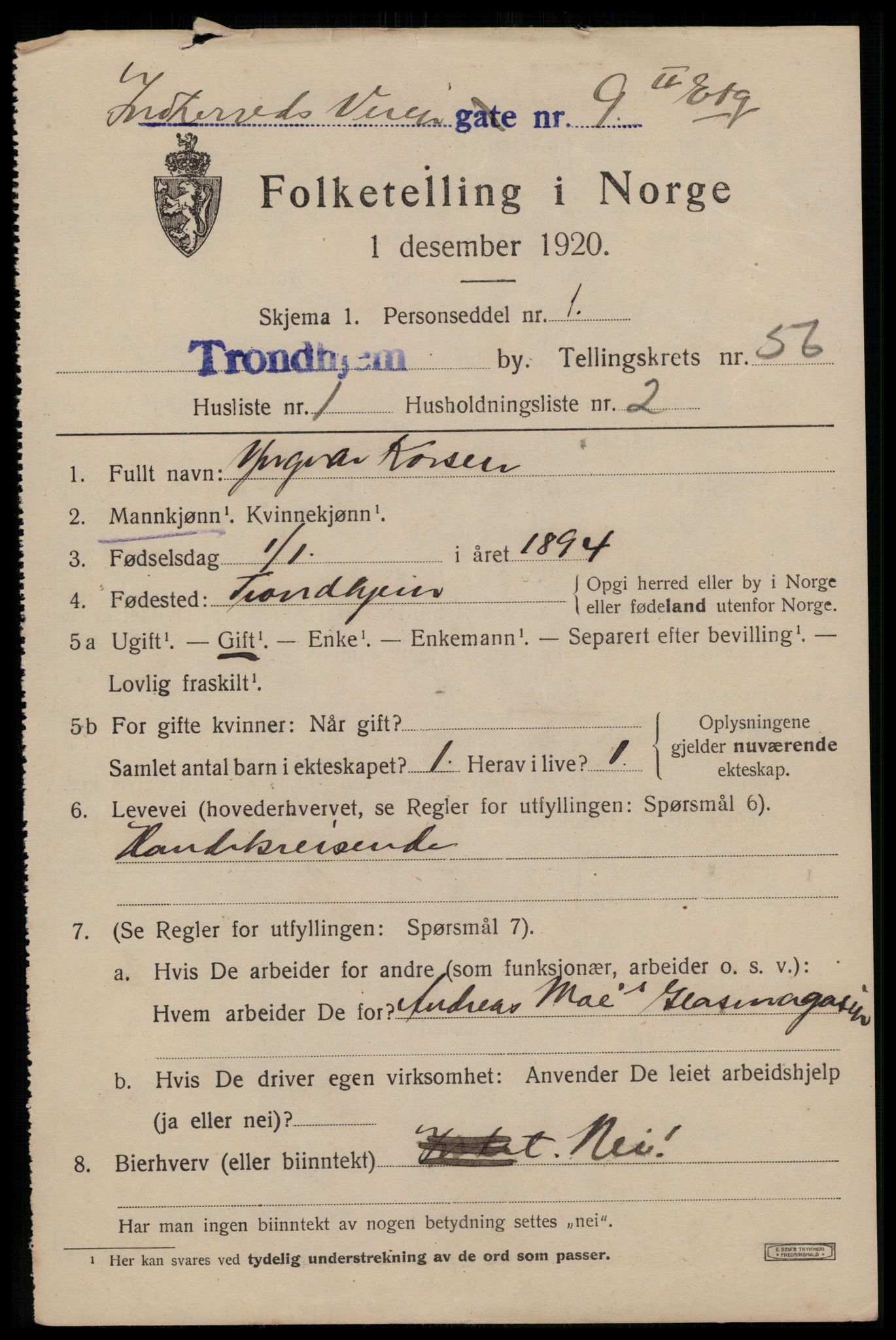 SAT, 1920 census for Trondheim, 1920, p. 113470