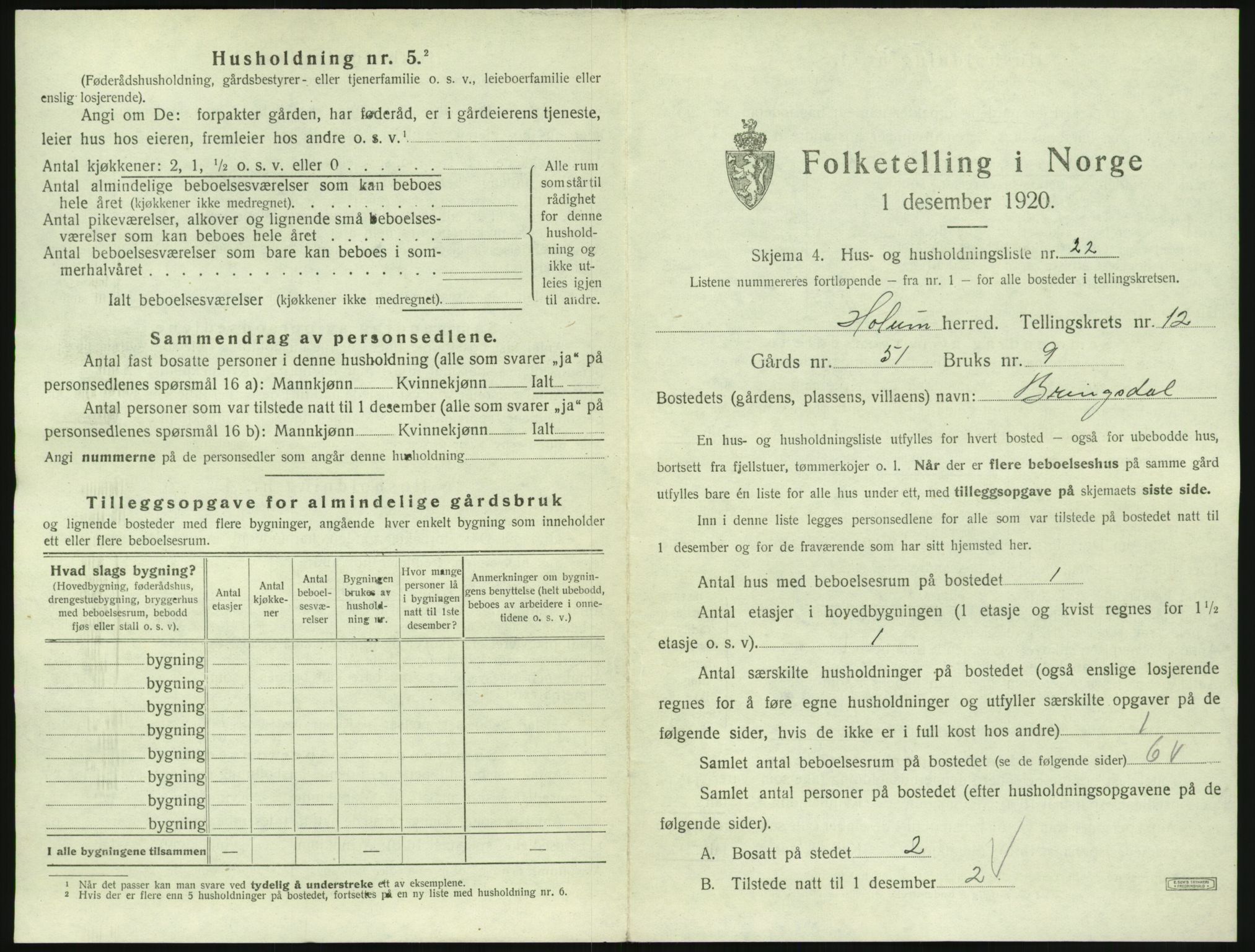 SAK, 1920 census for Holum, 1920, p. 707