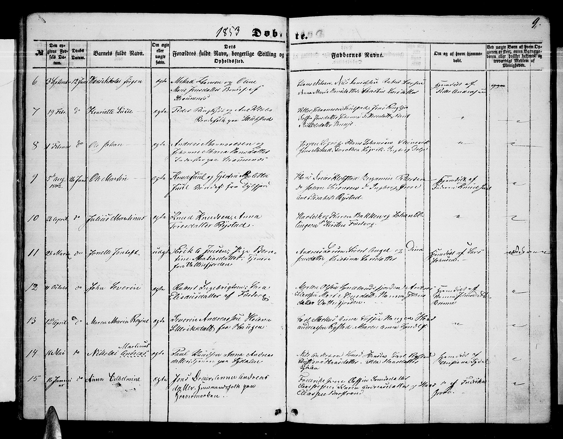 Ministerialprotokoller, klokkerbøker og fødselsregistre - Nordland, SAT/A-1459/876/L1102: Parish register (copy) no. 876C01, 1852-1886, p. 9