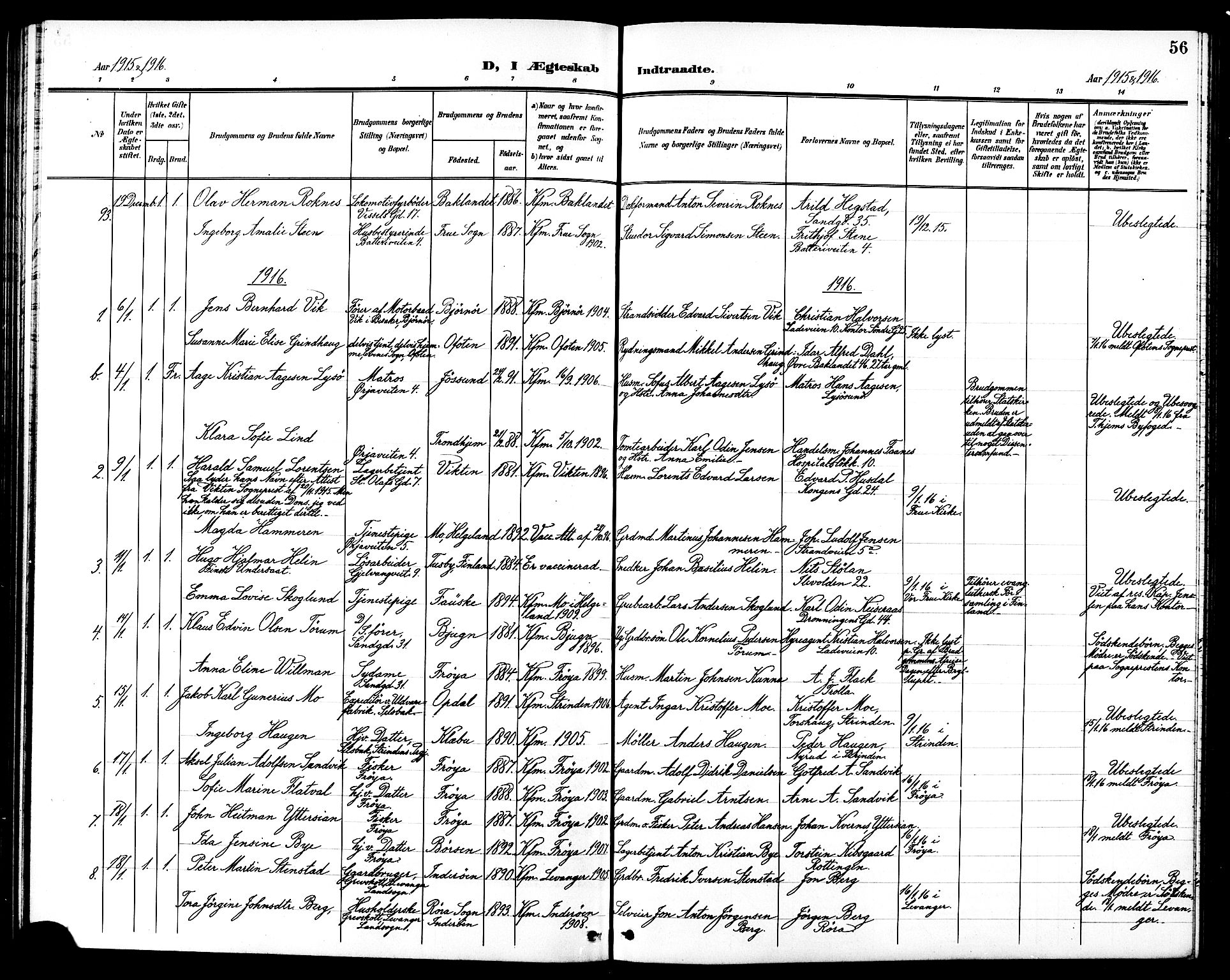 Ministerialprotokoller, klokkerbøker og fødselsregistre - Sør-Trøndelag, SAT/A-1456/602/L0145: Parish register (copy) no. 602C13, 1902-1919, p. 56