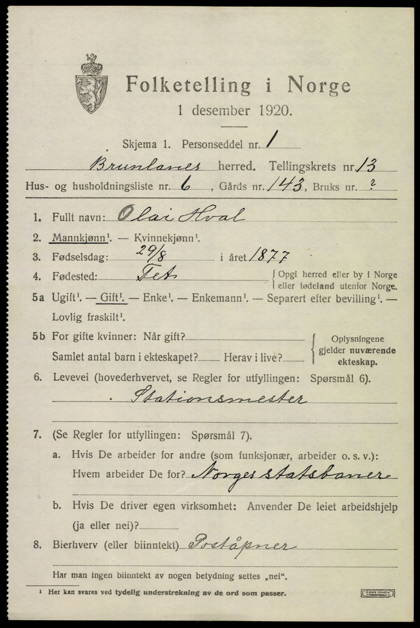 SAKO, 1920 census for Brunlanes, 1920, p. 10833