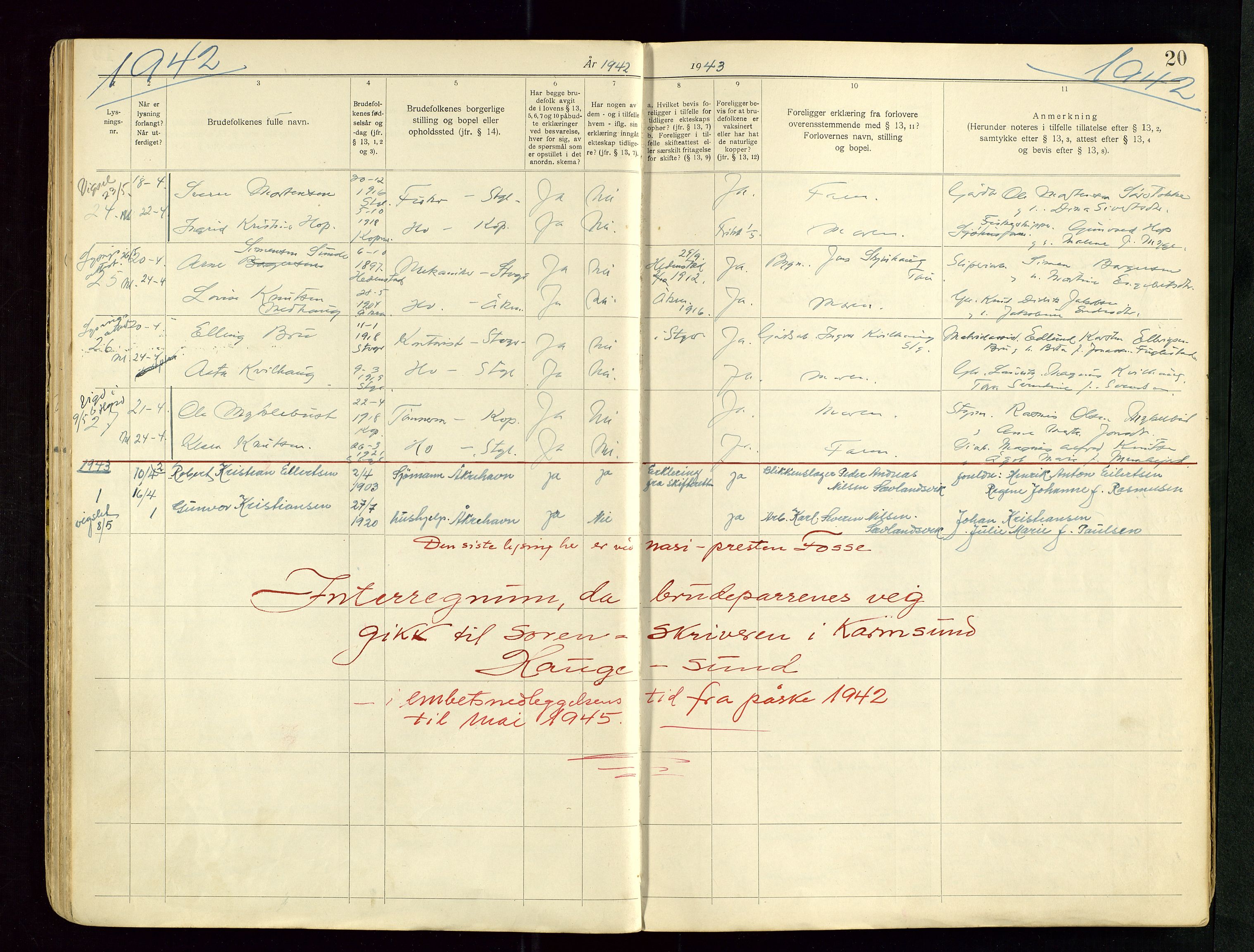 Kopervik sokneprestkontor, SAST/A-101850/I/Ie/L0002: Banns register no. 2, 1940-1954, p. 20