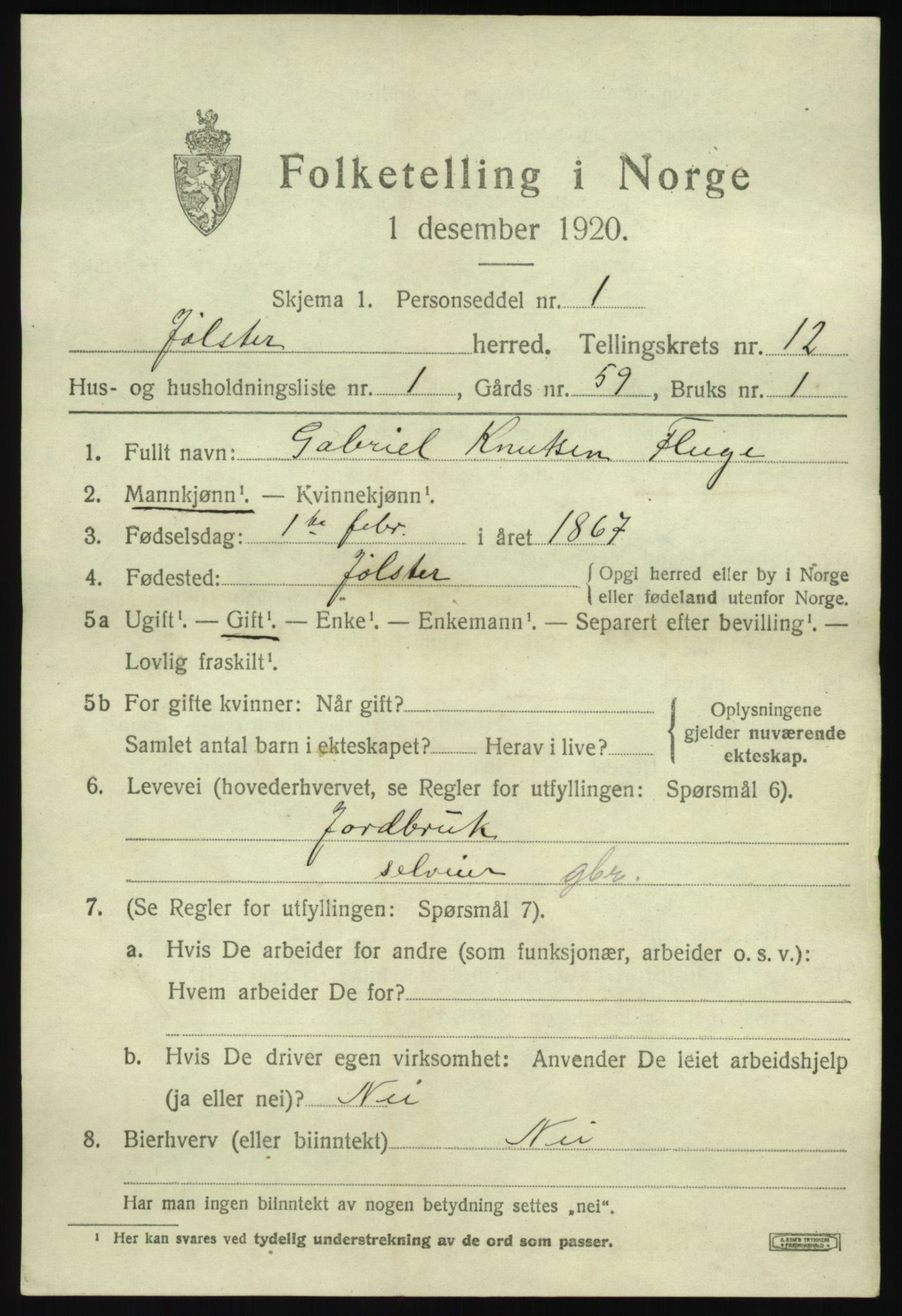 SAB, 1920 census for Jølster, 1920, p. 5572