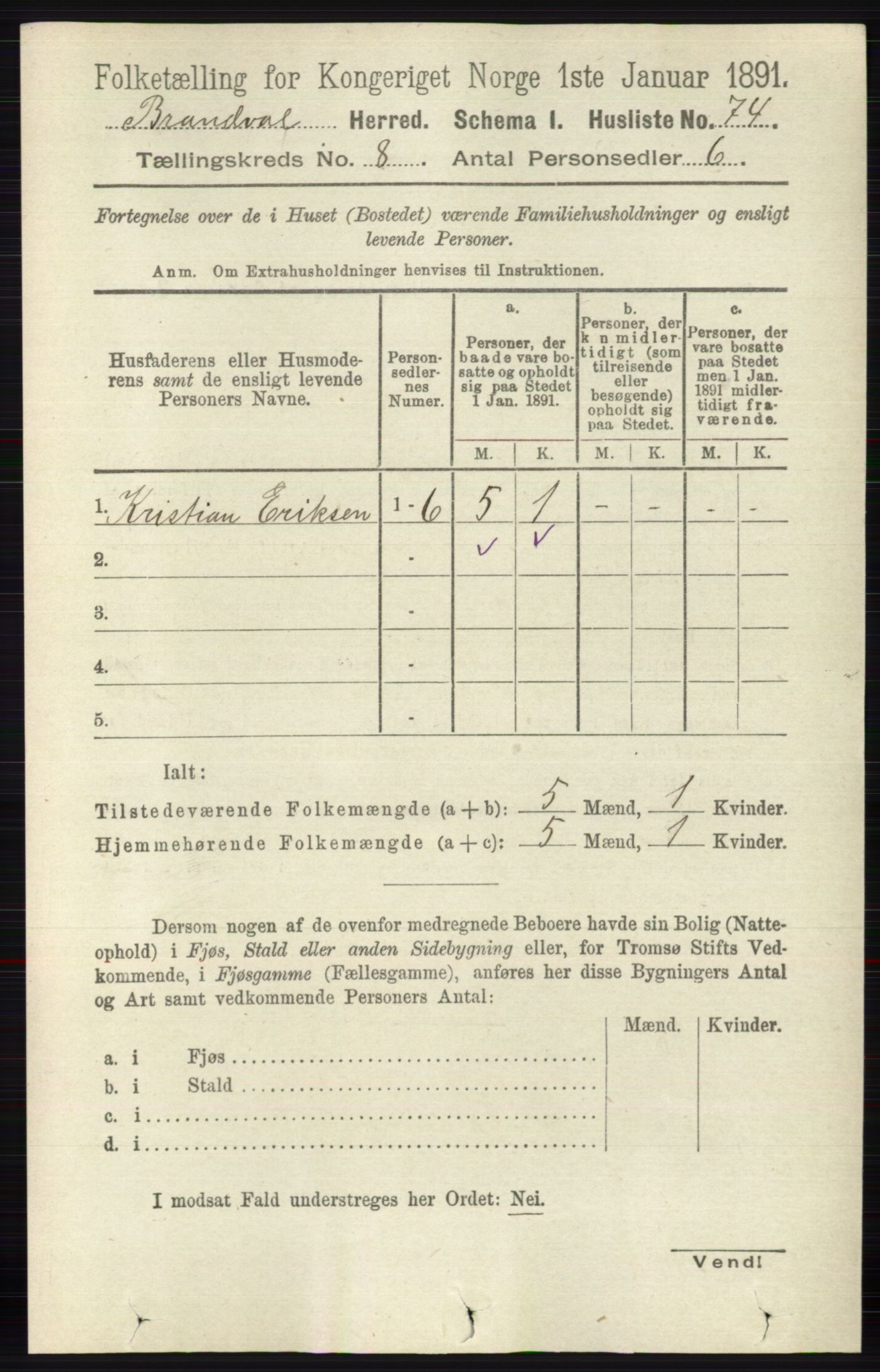 RA, 1891 census for 0422 Brandval, 1891, p. 3826