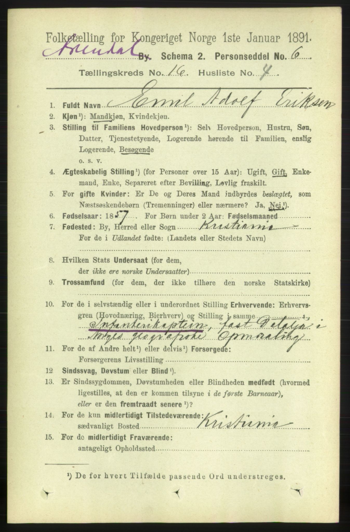 RA, 1891 census for 0903 Arendal, 1891, p. 5392