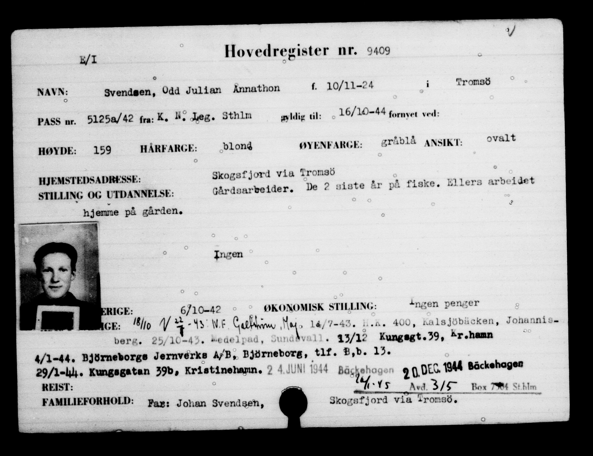 Utenriksstasjonene, Legasjonen i Stockholm, Flyktningkontoret, AV/RA-S-6753/V/Va/L0006: Kjesäterkartoteket, flyktninger med registreringsnr. 9400-12711, 1940-1945, p. 11
