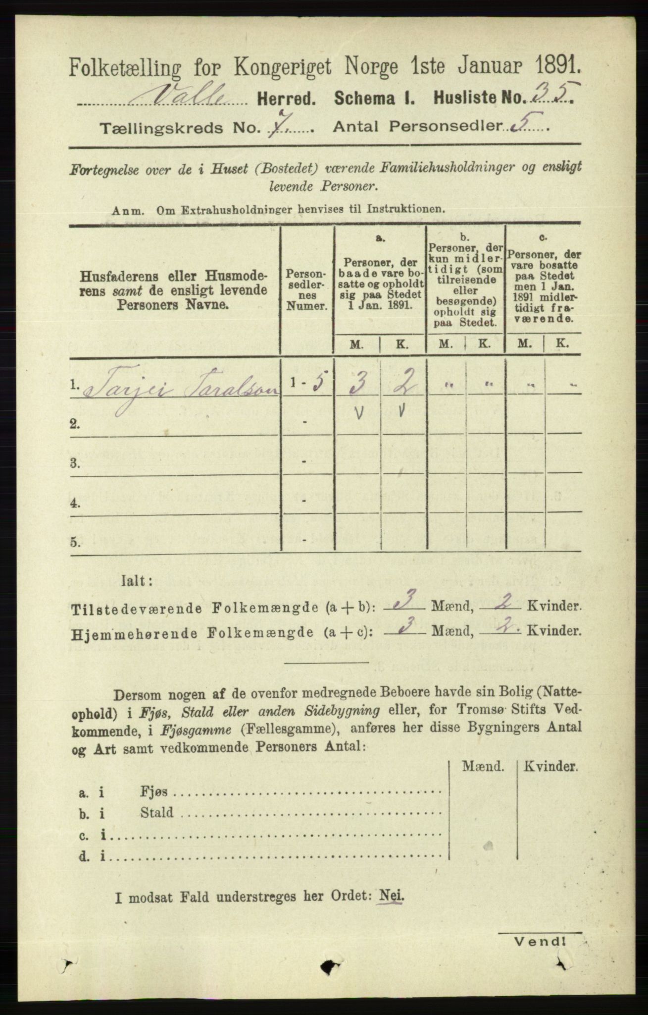 RA, 1891 census for 0940 Valle, 1891, p. 1959