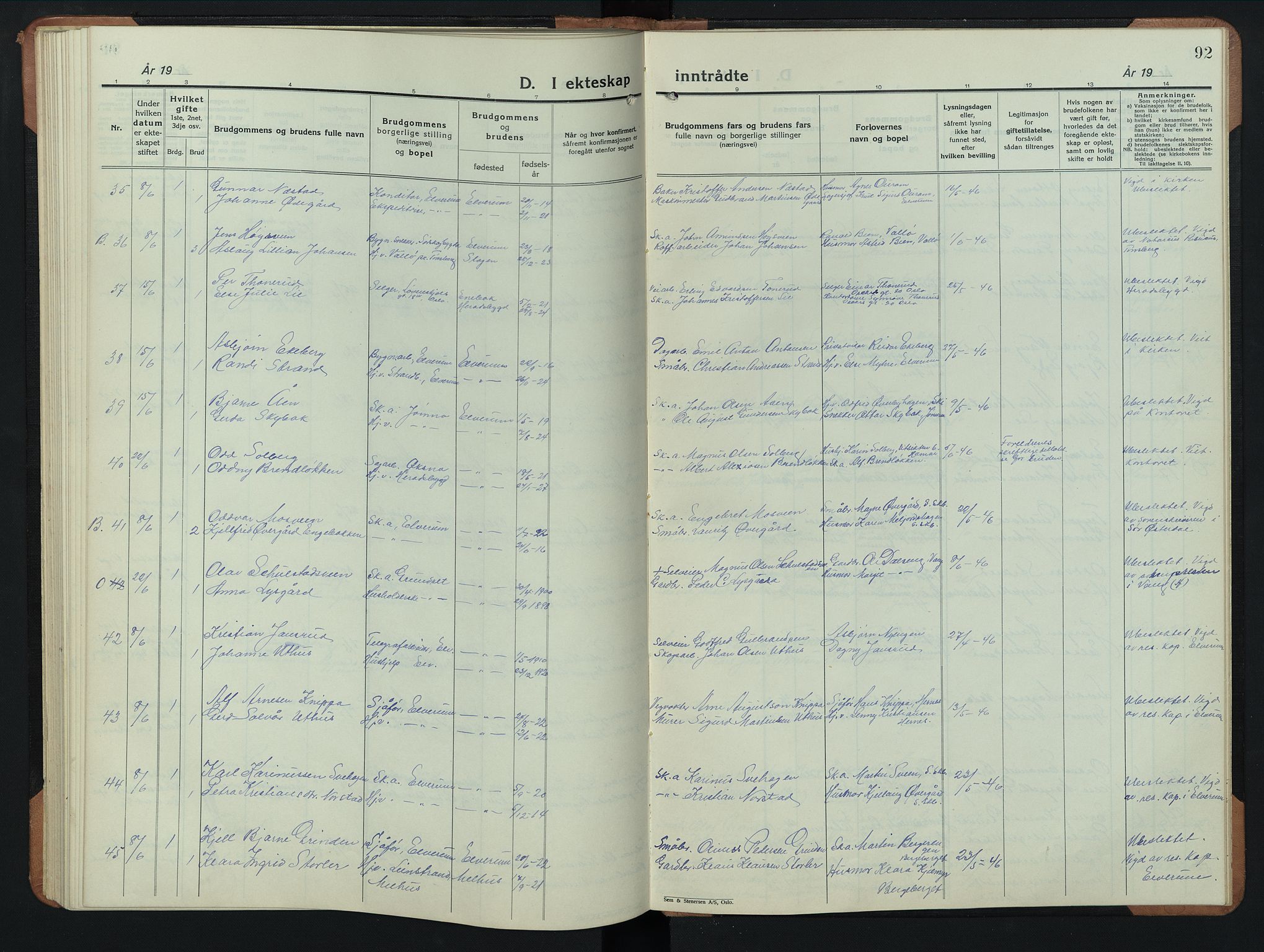 Elverum prestekontor, AV/SAH-PREST-044/H/Ha/Hab/L0033: Parish register (copy) no. 33, 1934-1947, p. 92