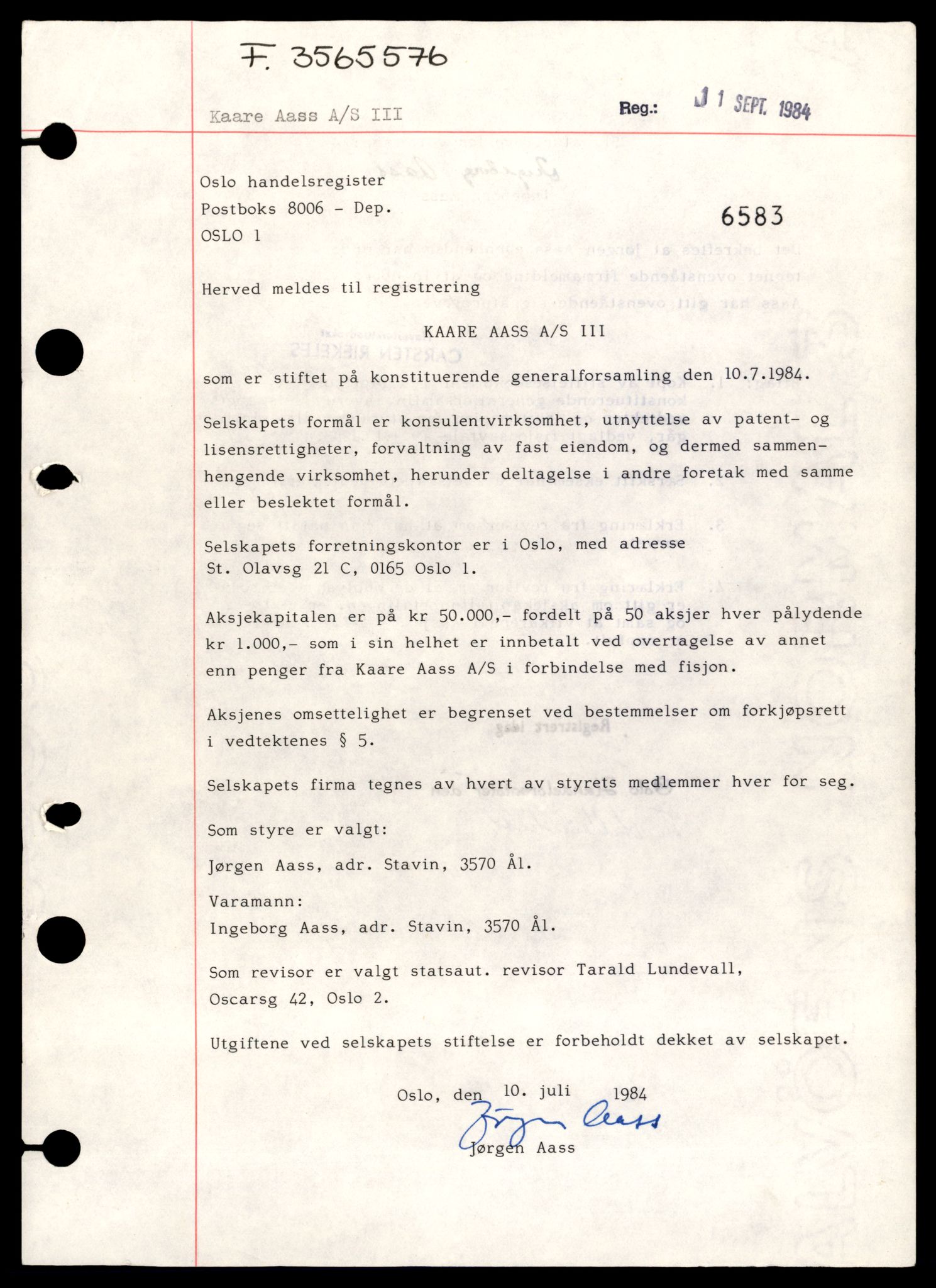 Oslo byfogd, Handelsregisteret, SAT/A-10867/G/Gb/Gbb/L0076: Registreringsmeldinger, K-Md, 1985, p. 1