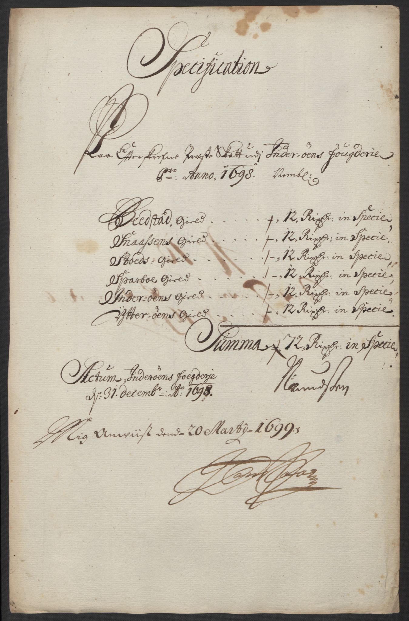 Rentekammeret inntil 1814, Reviderte regnskaper, Fogderegnskap, RA/EA-4092/R63/L4310: Fogderegnskap Inderøy, 1698-1699, p. 179